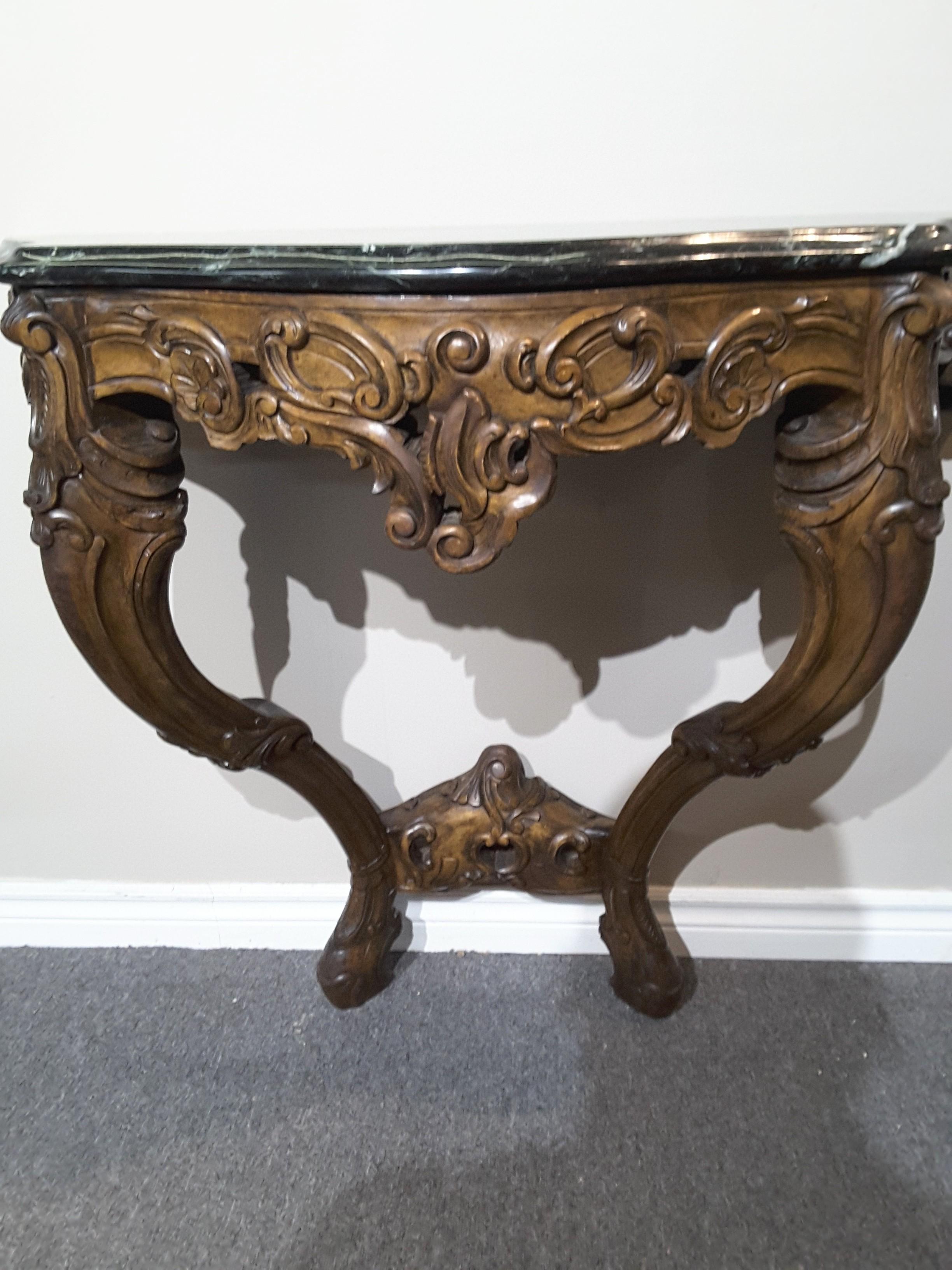 French Pair of Louis XV Style Fruitwood Console Tables with Verde Green Marble Tops For Sale