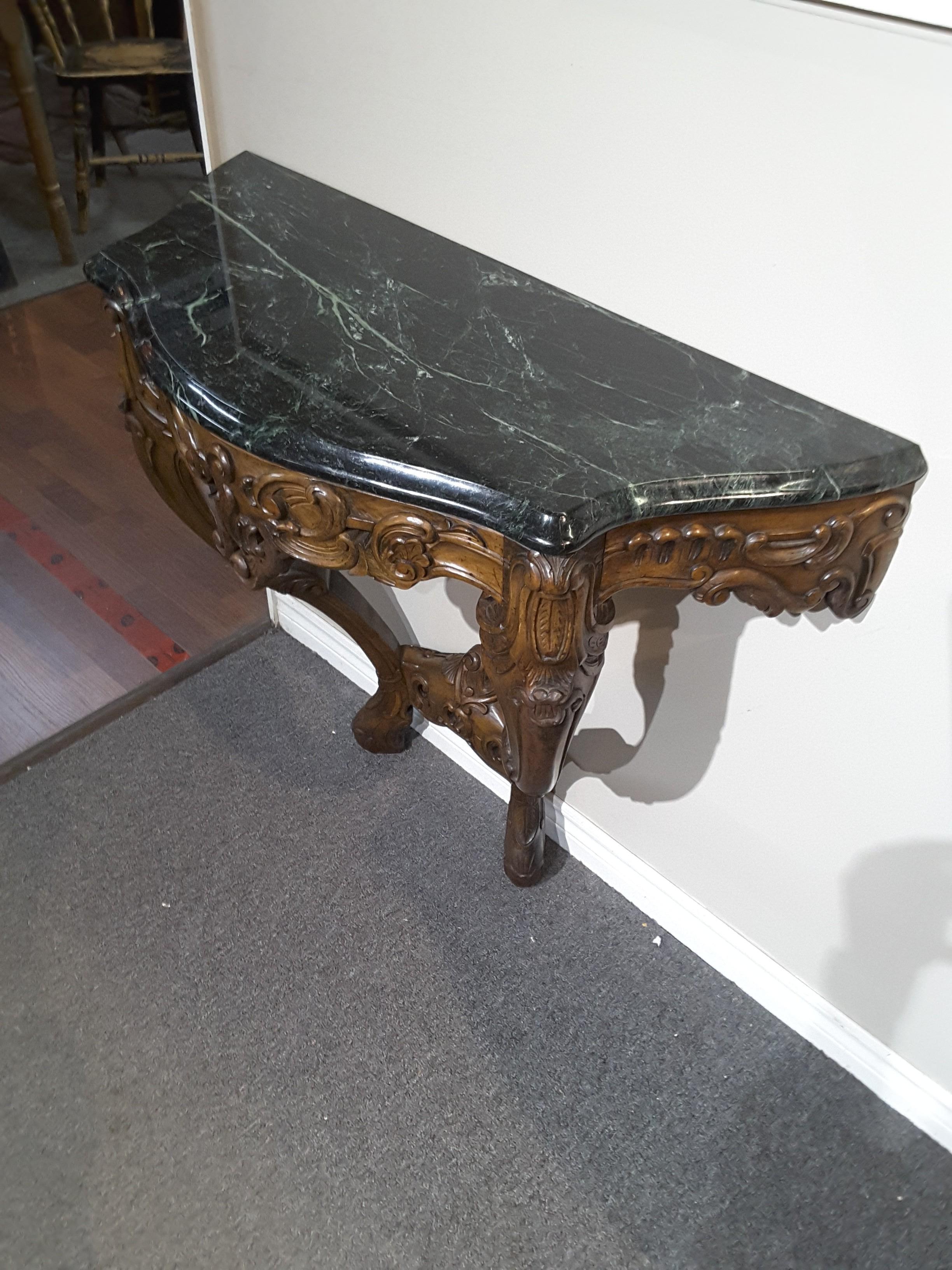 Hand-Carved Pair of Louis XV Style Fruitwood Console Tables with Verde Green Marble Tops For Sale