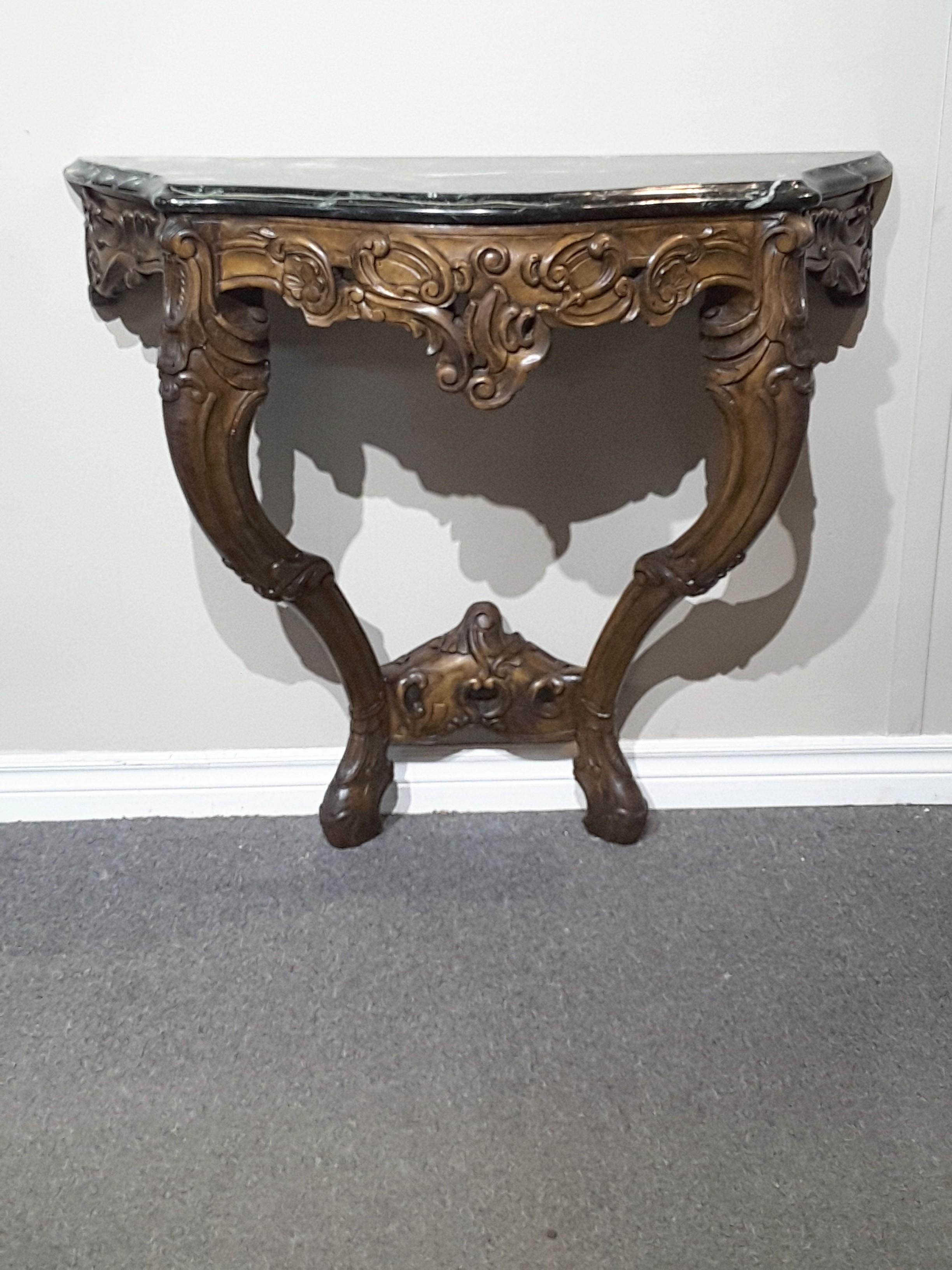 Pair of Louis XV Style Fruitwood Console Tables with Verde Green Marble Tops For Sale 1