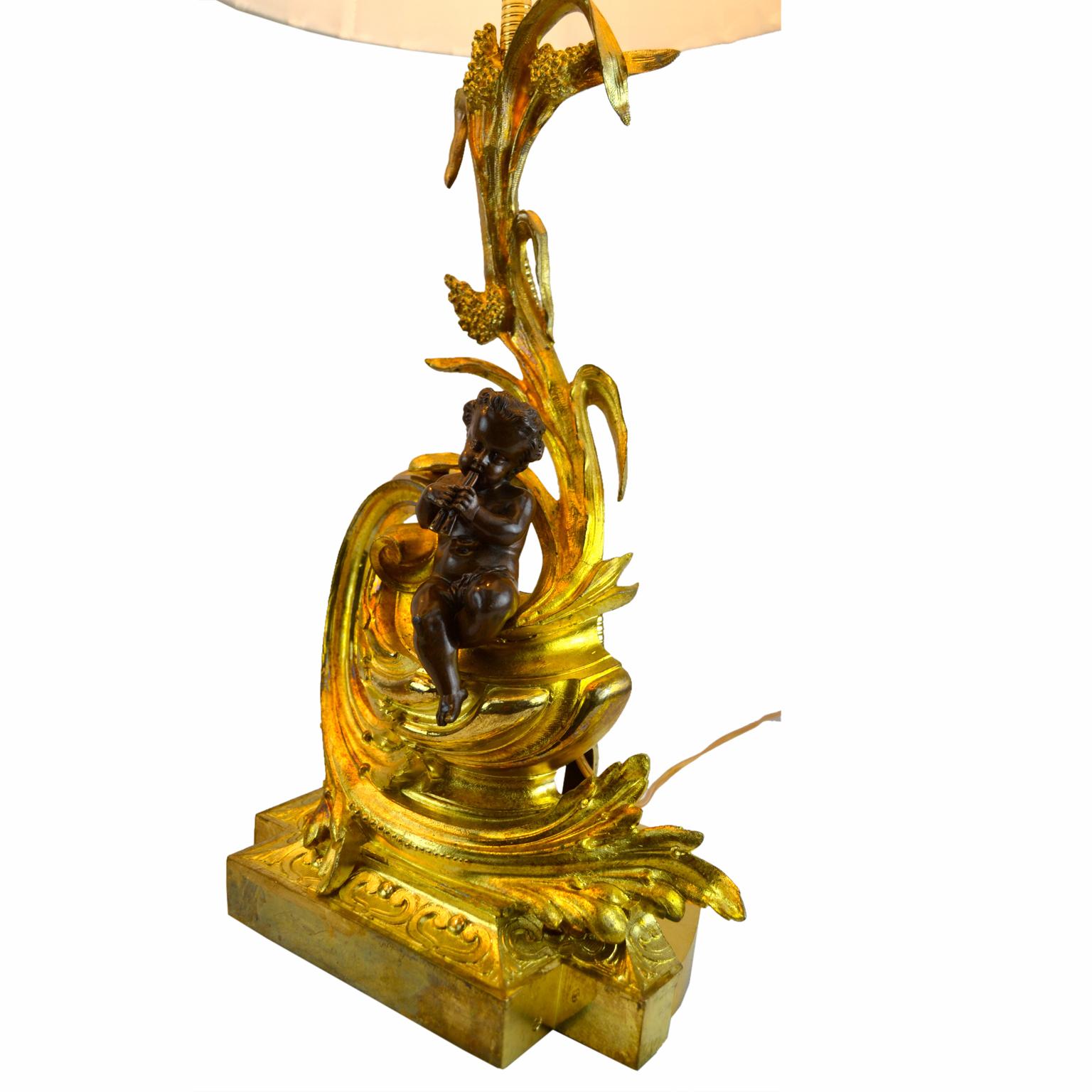 French Pair of Louis XV Style Gilt and Patinated Bronze Fireplace Chenet Lamps