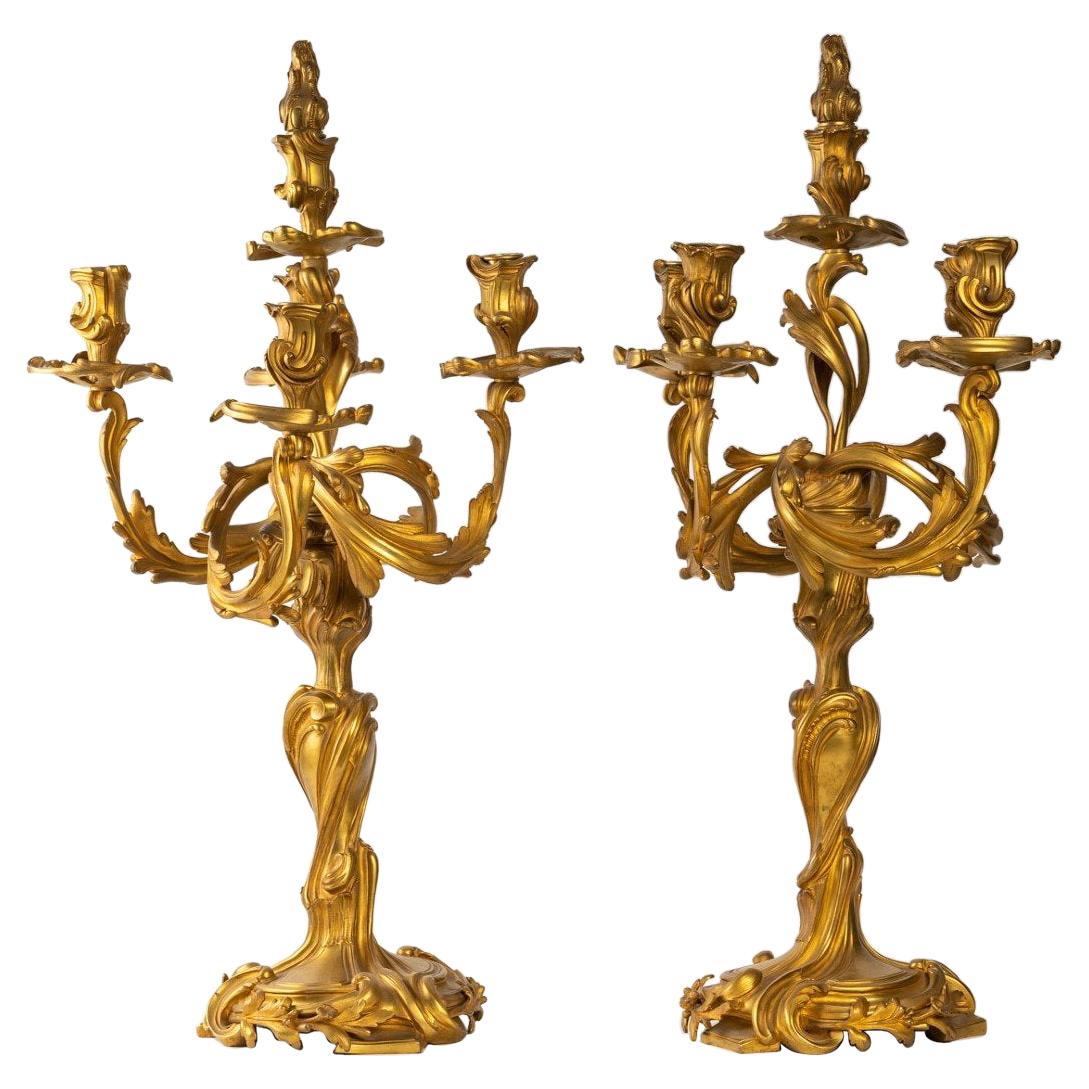 Pair of Louis XV Style Gilt Bronze Candelabras