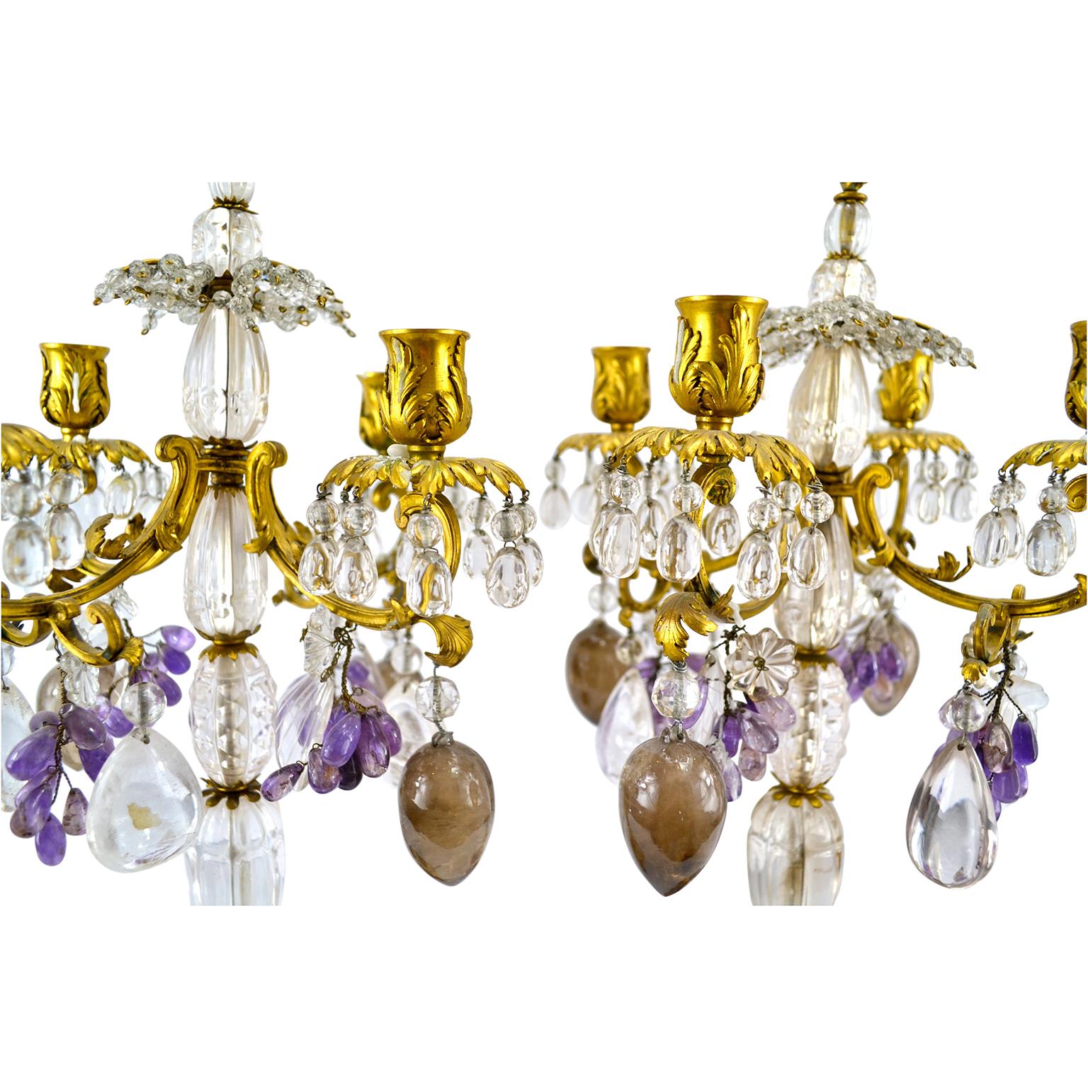 French Pair of Louis XV Style Gilt Bronze Rock Crystal and Amethyst Candelabra