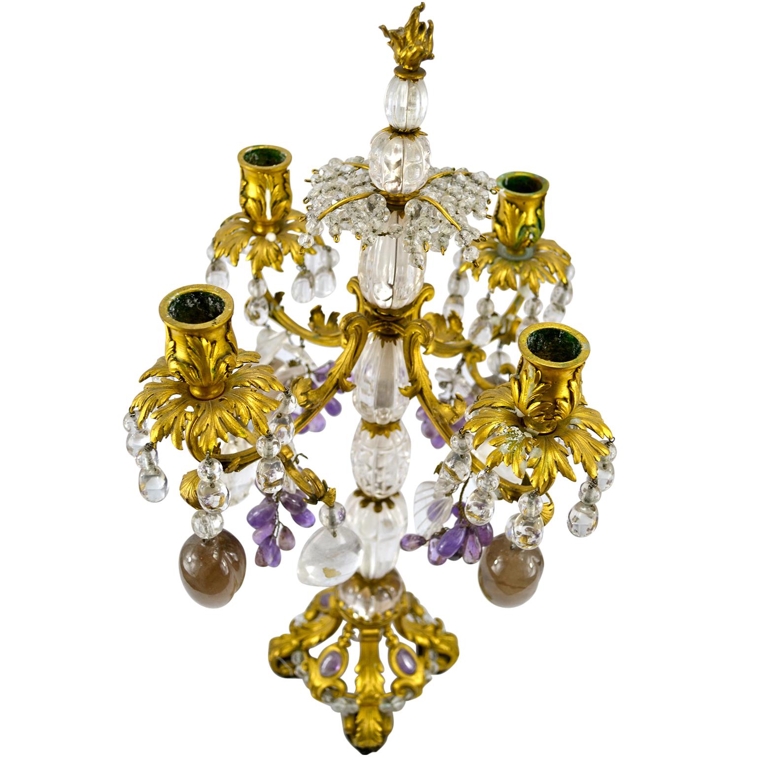 Hand-Crafted Pair of Louis XV Style Gilt Bronze Rock Crystal and Amethyst Candelabra