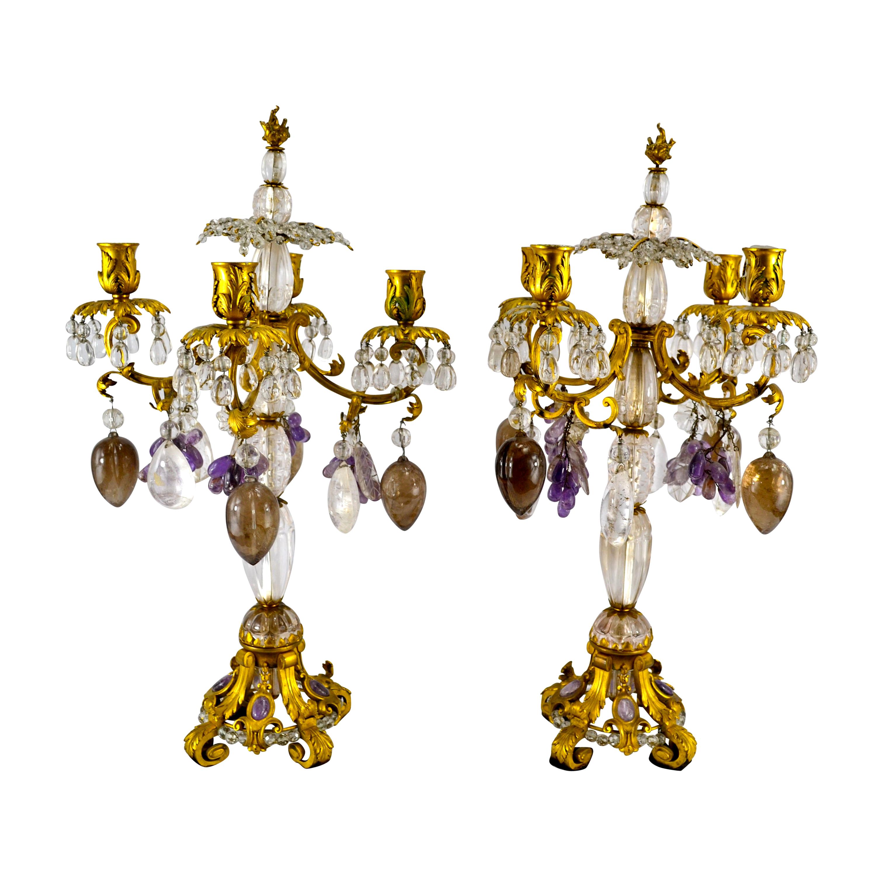 Pair of Louis XV Style Gilt Bronze Rock Crystal and Amethyst Candelabra
