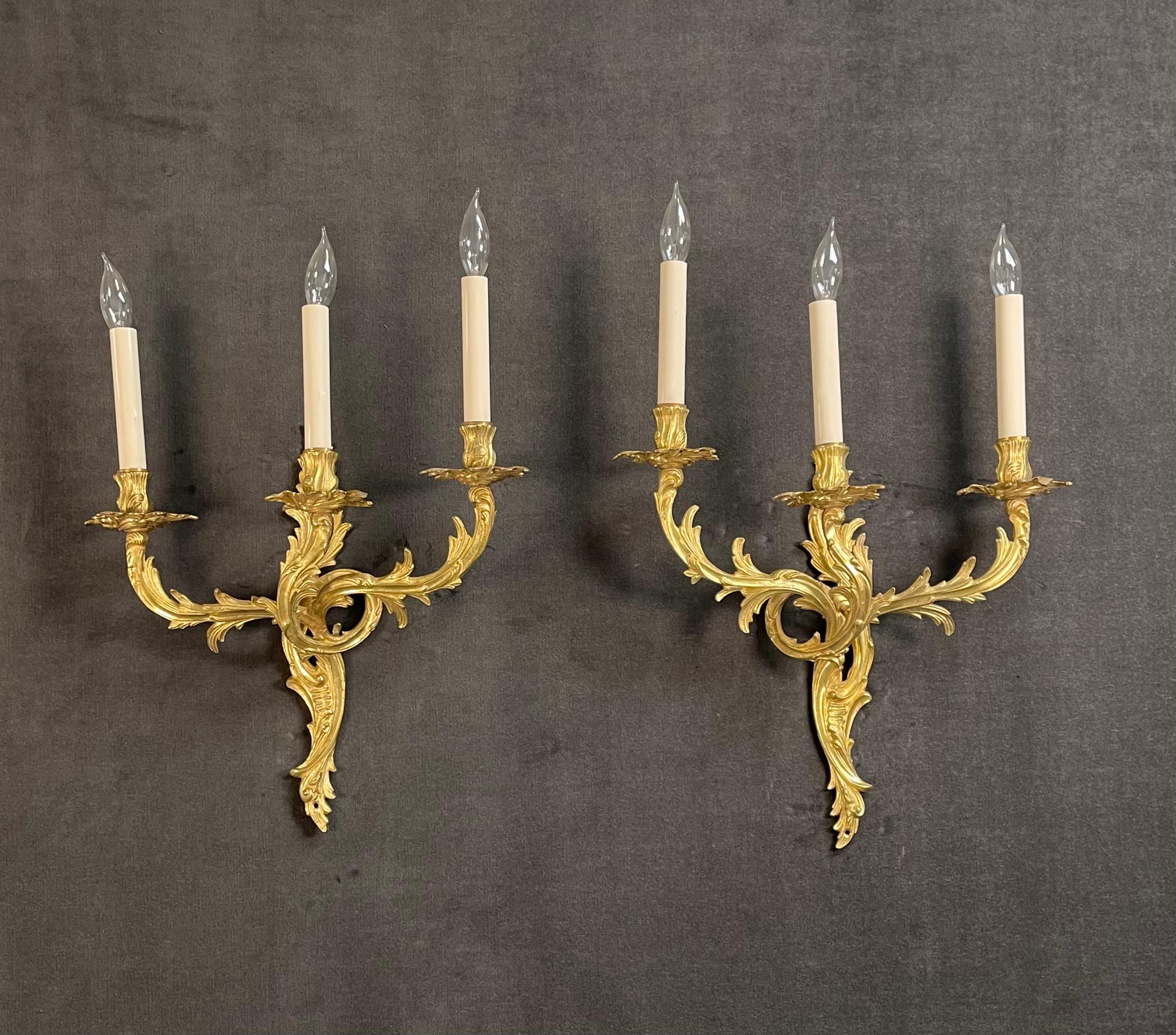 This lovely pair of gilt-bronze sconces, 
have been cleaned rewired and are ready to use.