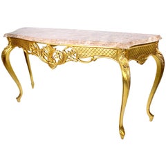 A Pair of Louis XV Style Giltwood Carved Wall Console Tables with Marble Top