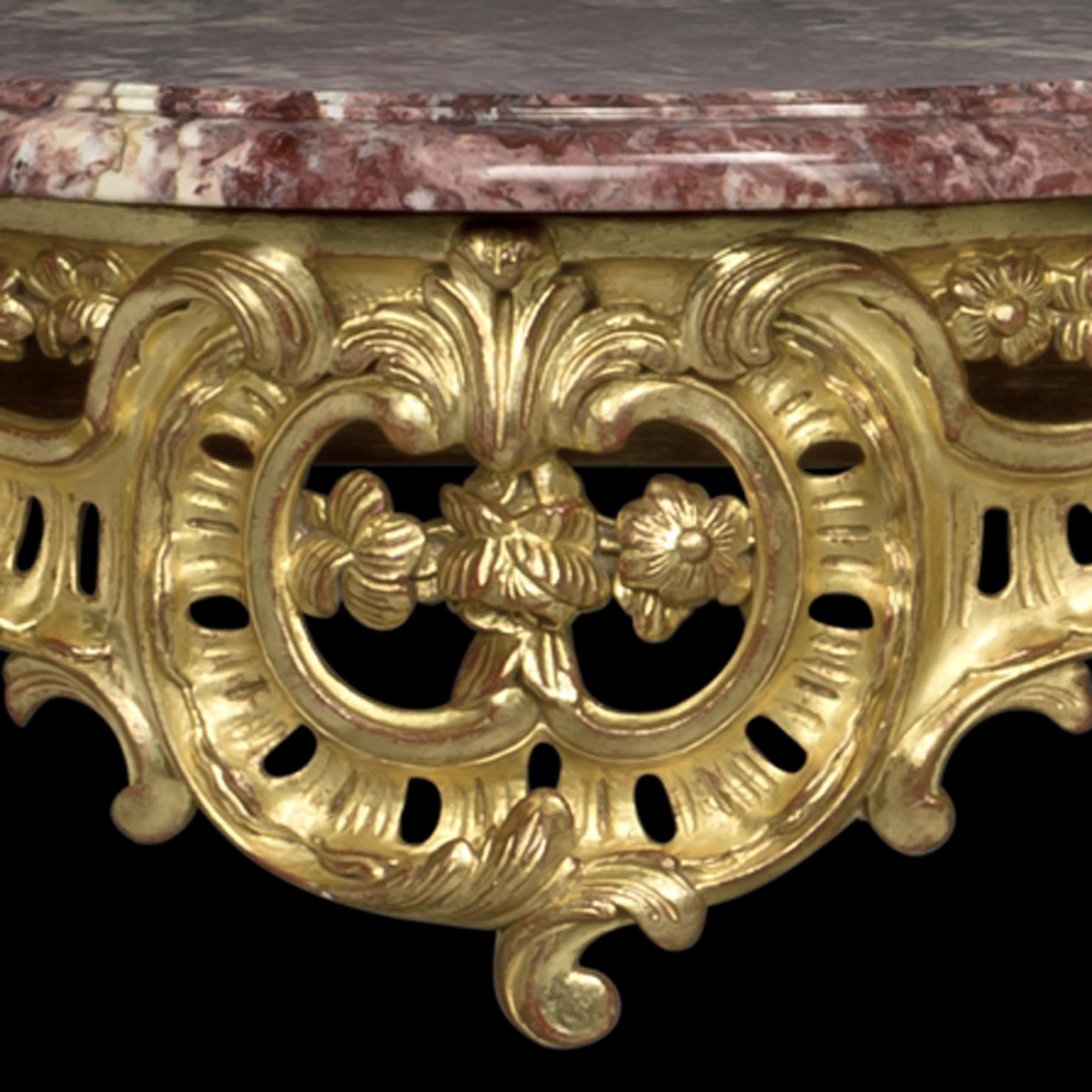 Hand-Carved A Pair of Louis XV Style Giltwood Console d'Applique For Sale