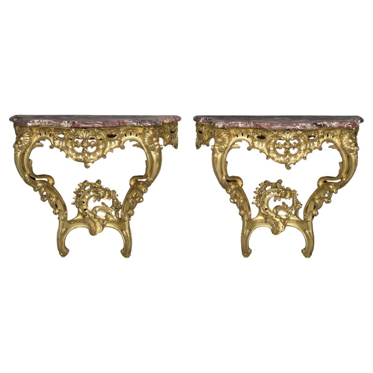 A Pair of Louis XV Style Giltwood Console d'Applique For Sale