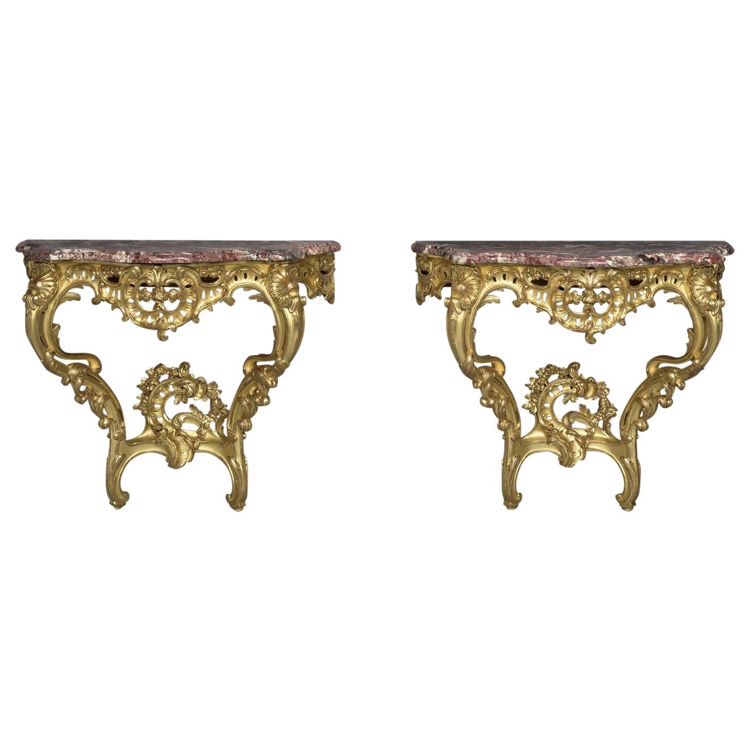 Pair of Louis XV Style Giltwood Console d'Appliques, circa 1910 For Sale