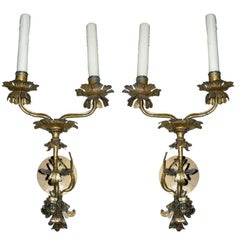 Antique A Pair of Louis XV Style Italian Gilt Metal Two-Light Sconces