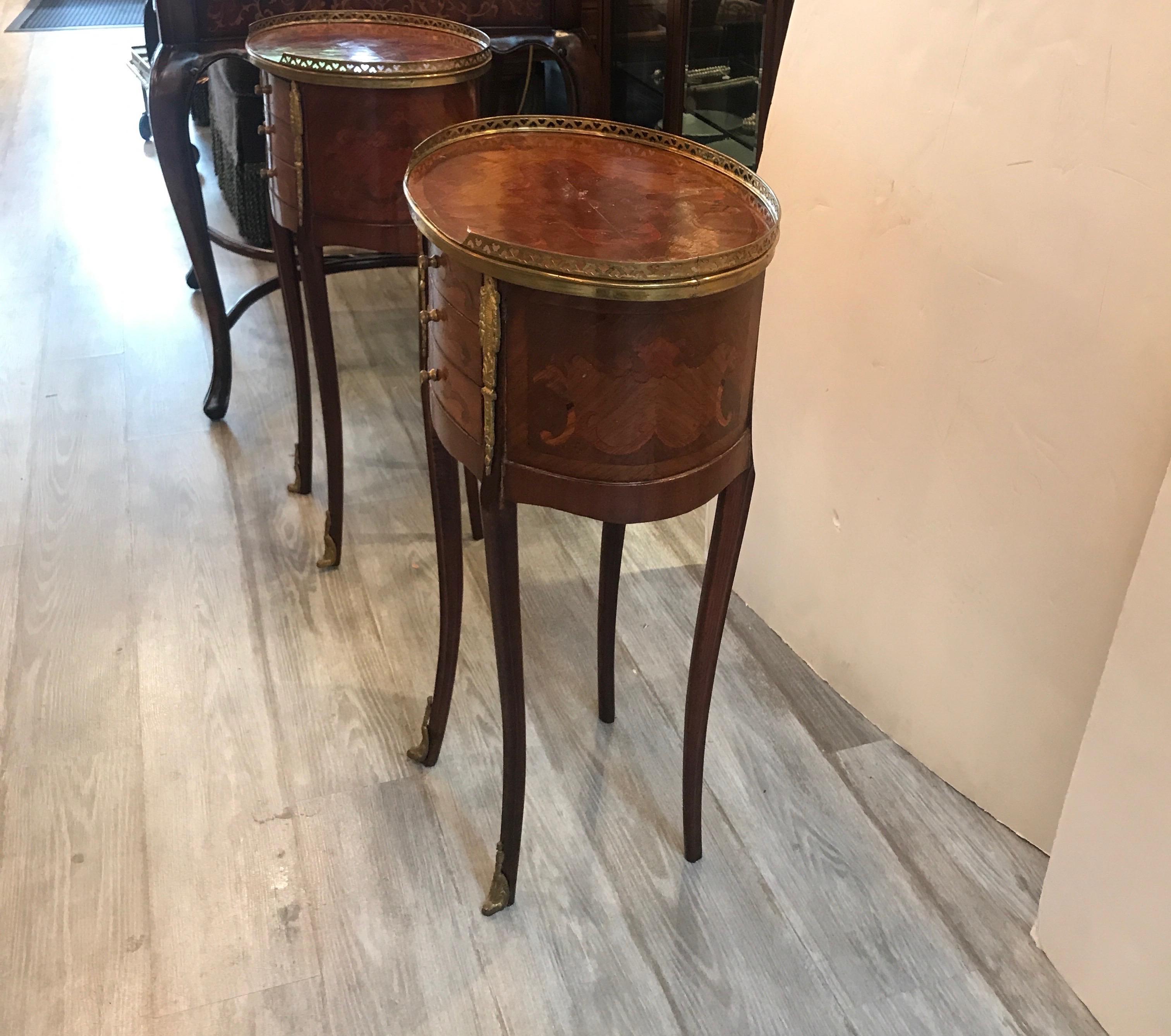 Mahogany Pair of Louis XV Style Oval Tables with Drawers