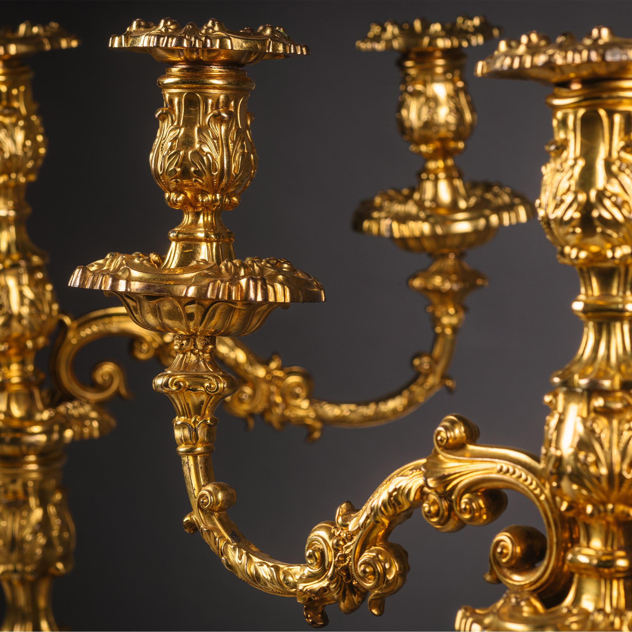 English Pair of Rococo Revival  Ormolu Three-Light Candelabra For Sale