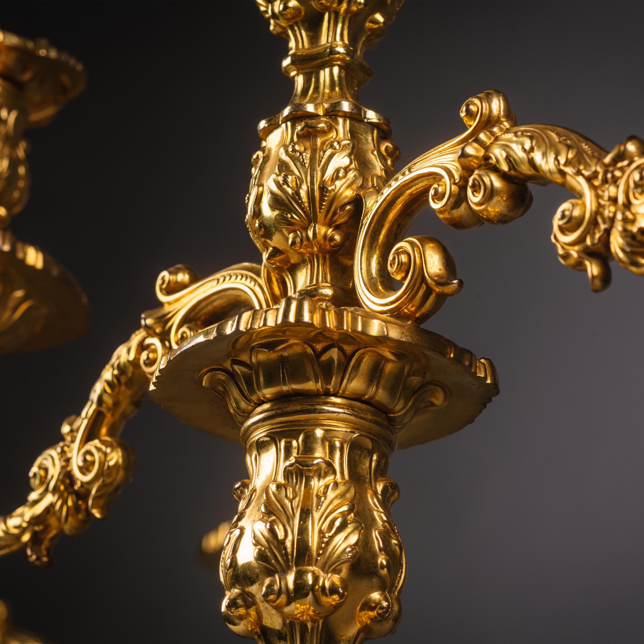 19th Century Pair of Rococo Revival  Ormolu Three-Light Candelabra For Sale