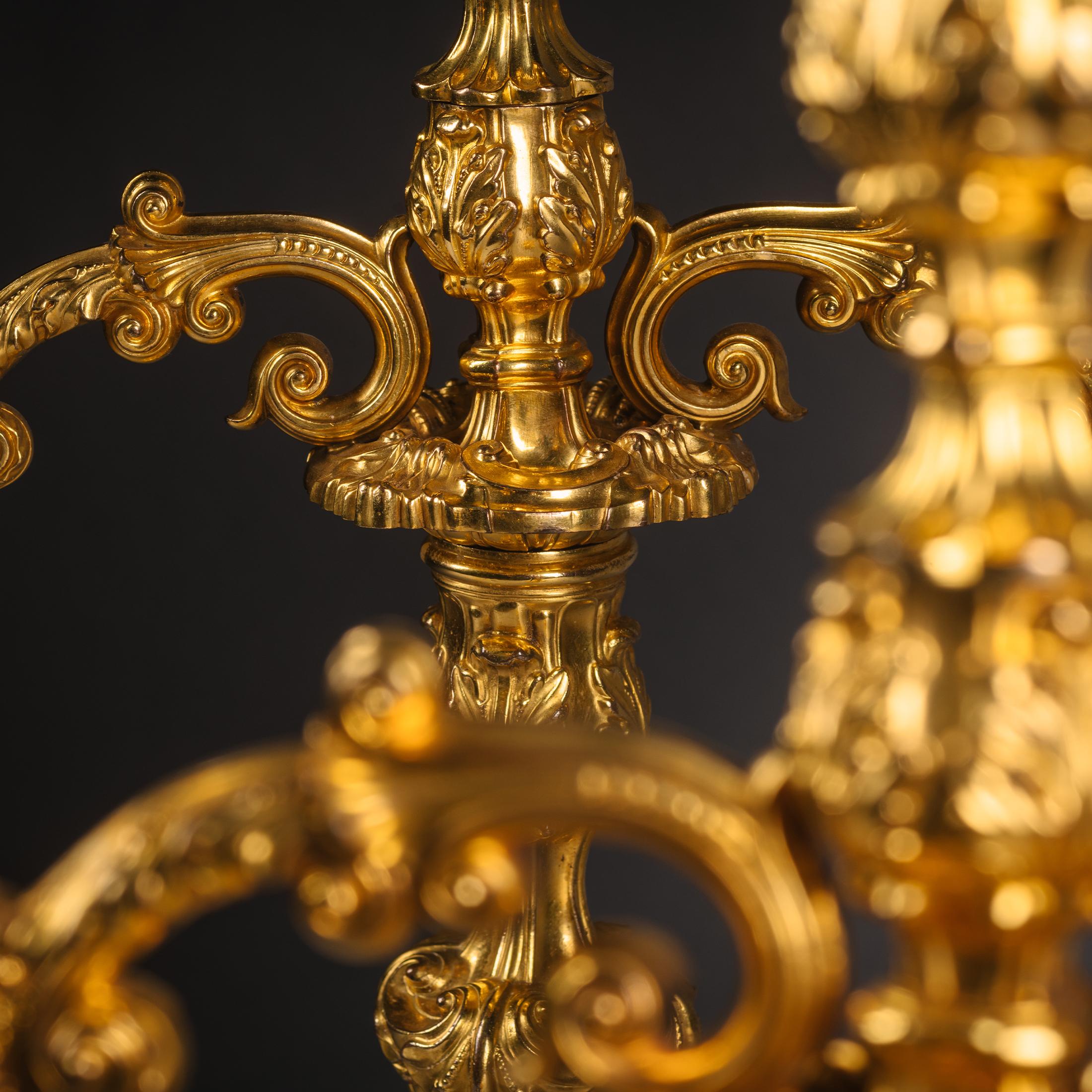 Pair of Rococo Revival  Ormolu Three-Light Candelabra For Sale 1