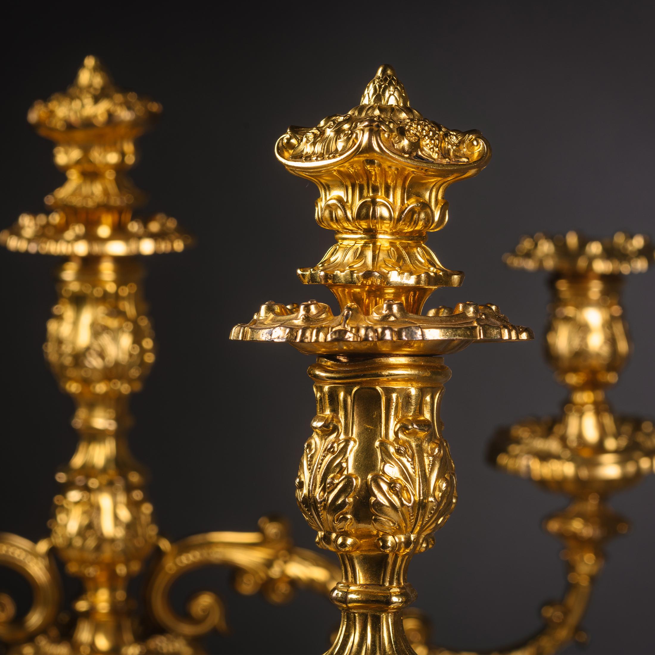 Pair of Rococo Revival  Ormolu Three-Light Candelabra For Sale 2