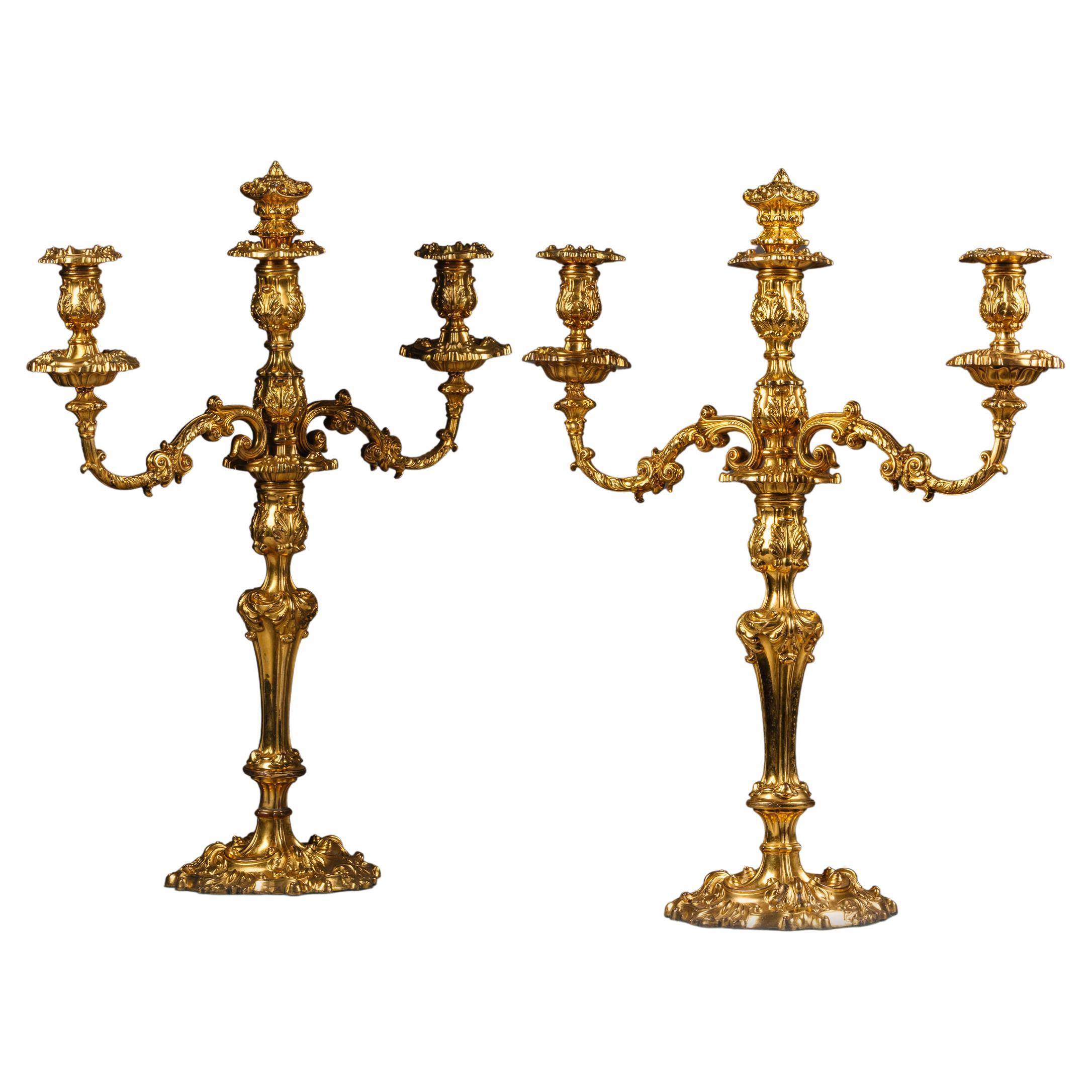 Pair of Rococo Revival  Ormolu Three-Light Candelabra For Sale