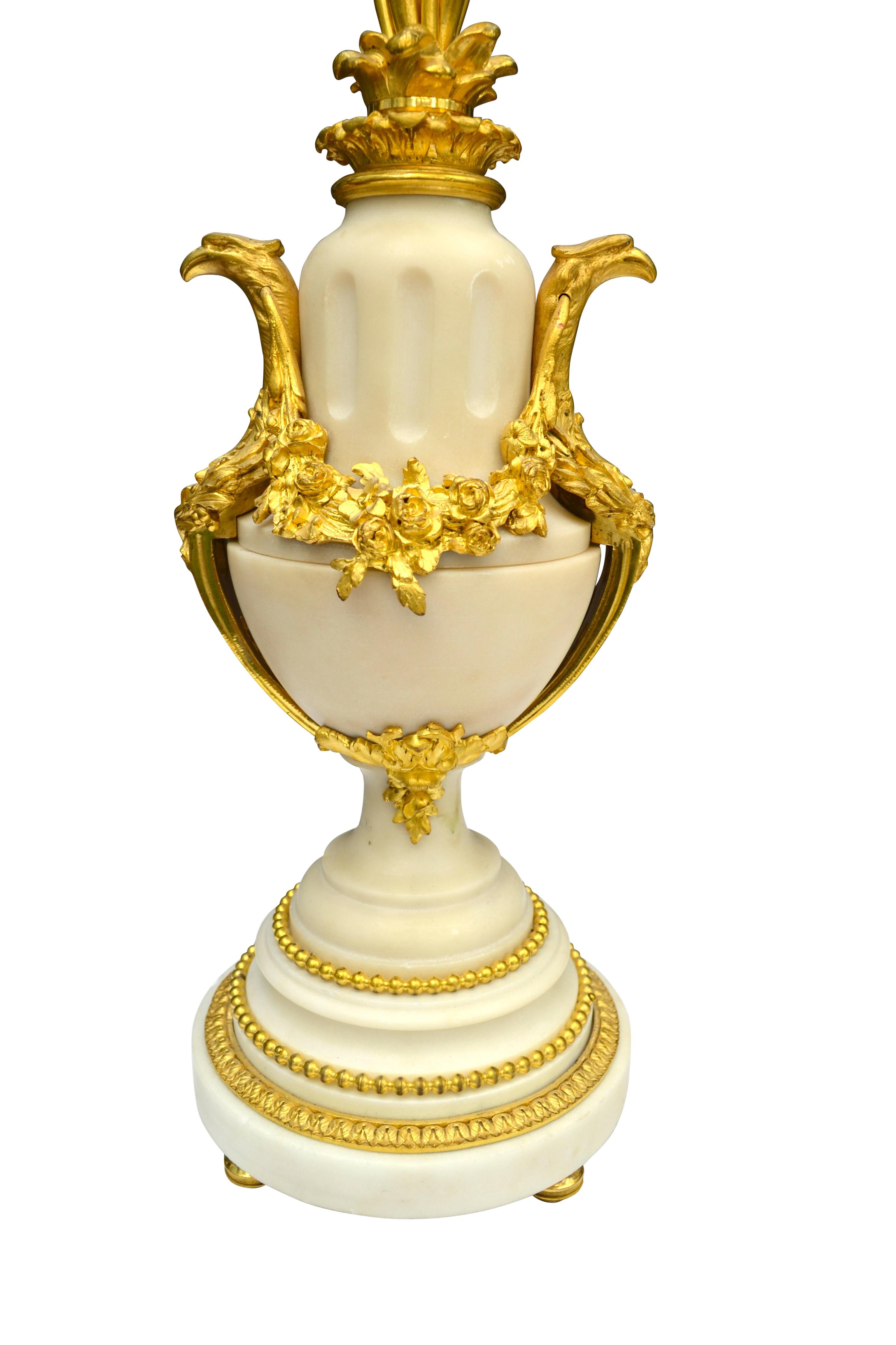 Pair of Louis XVI Gilt Bronze and White Marble Five-Arm Candelabra In Good Condition For Sale In Vancouver, British Columbia