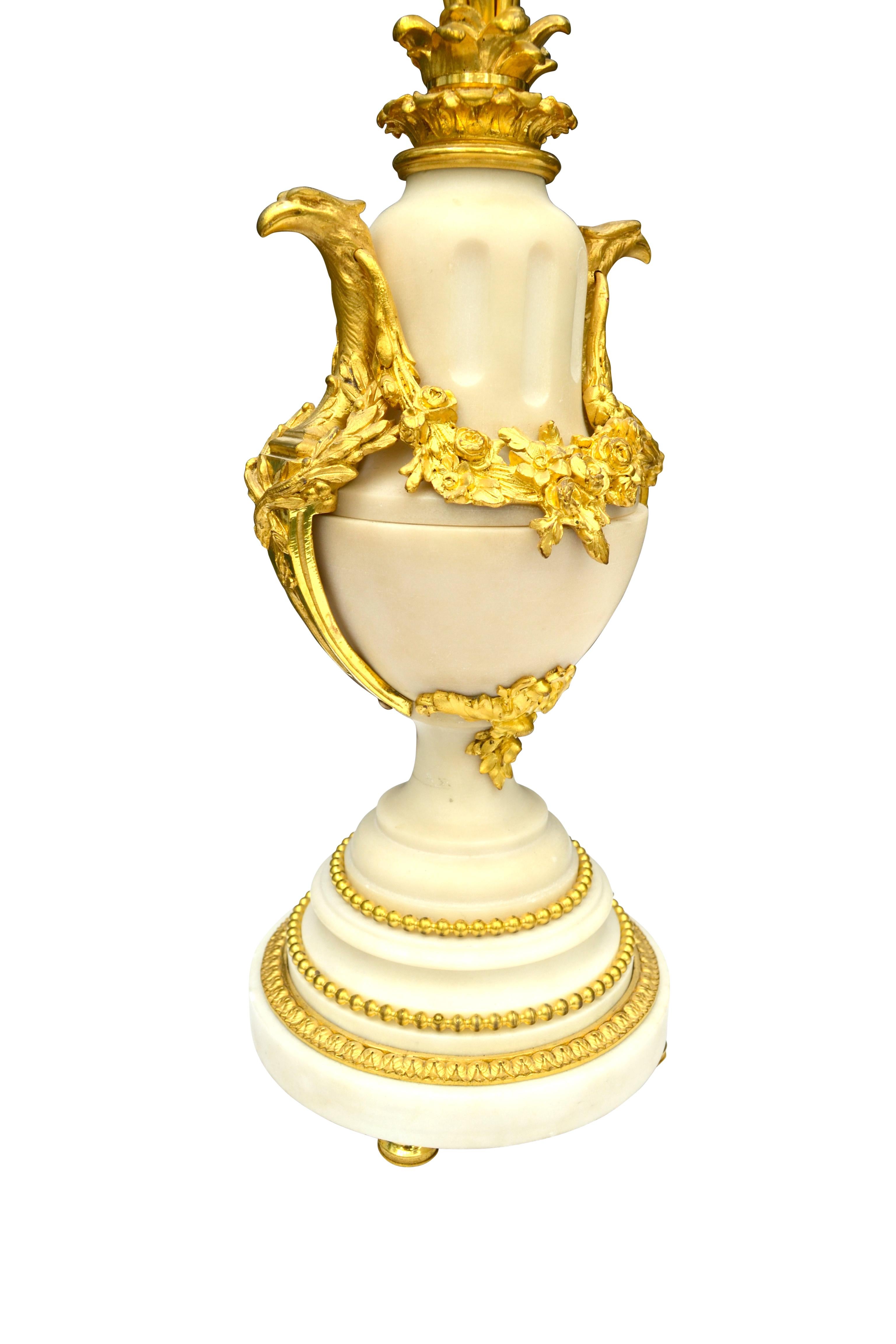 19th Century Pair of Louis XVI Gilt Bronze and White Marble Five-Arm Candelabra For Sale