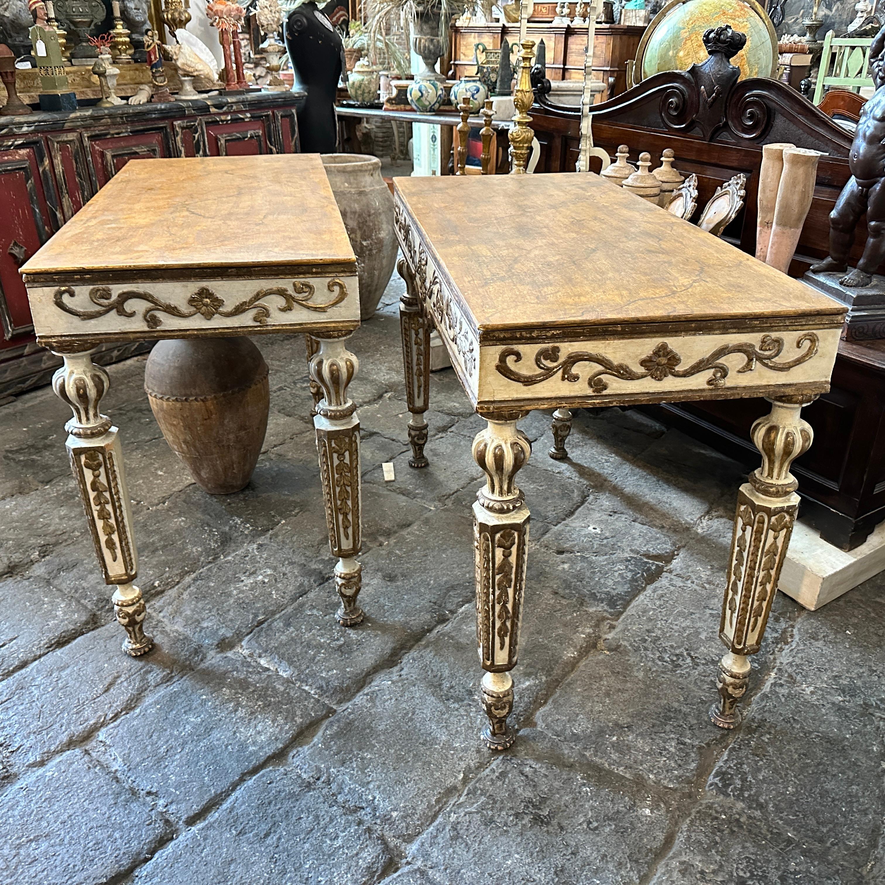 A pair of Louis XVI Ivory Lacquered and Gilded Wood Italian Consoles For Sale 11