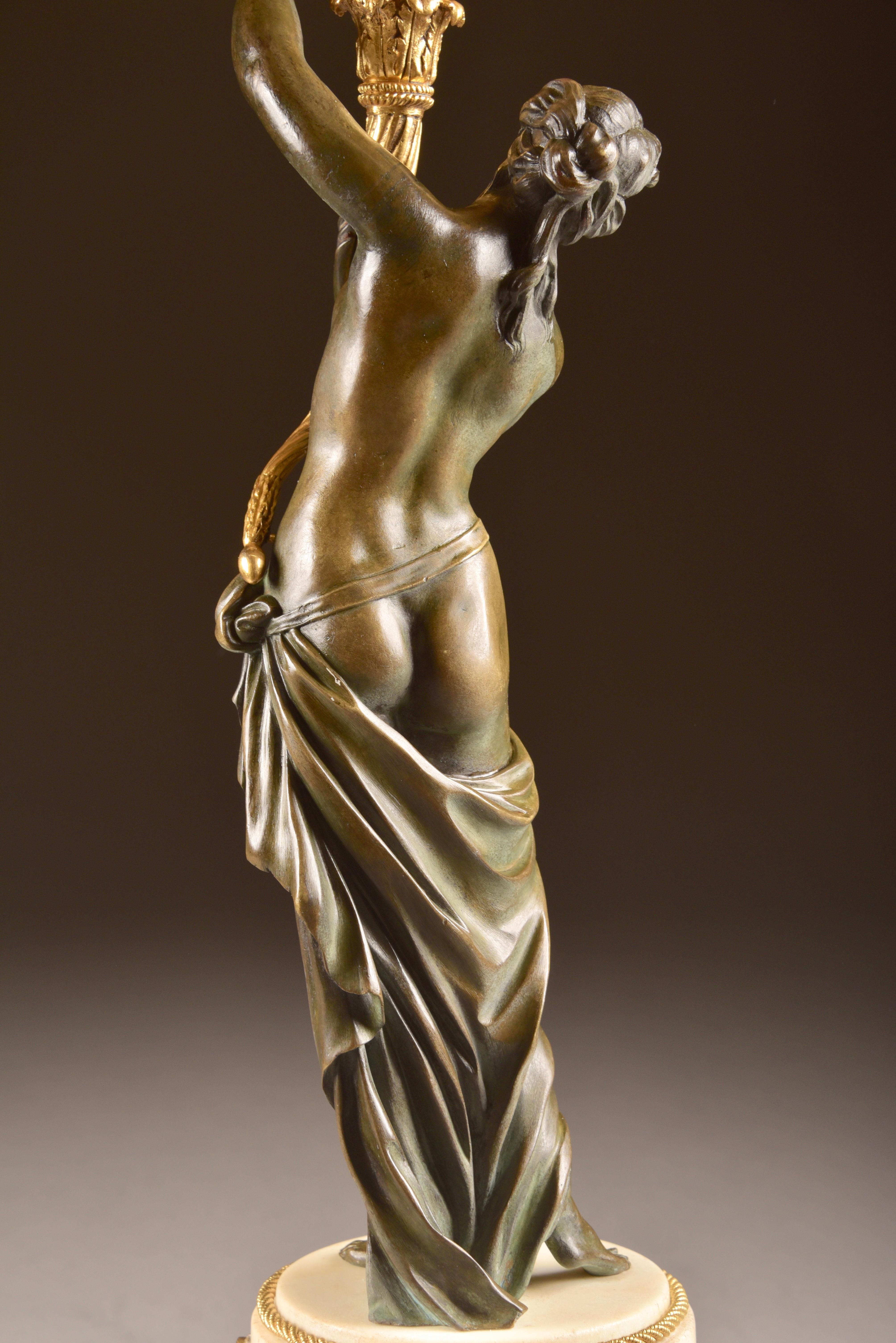 Pair of Louis XVI, Nude Female Patinated Bronze, Three-Light Candelabra 4