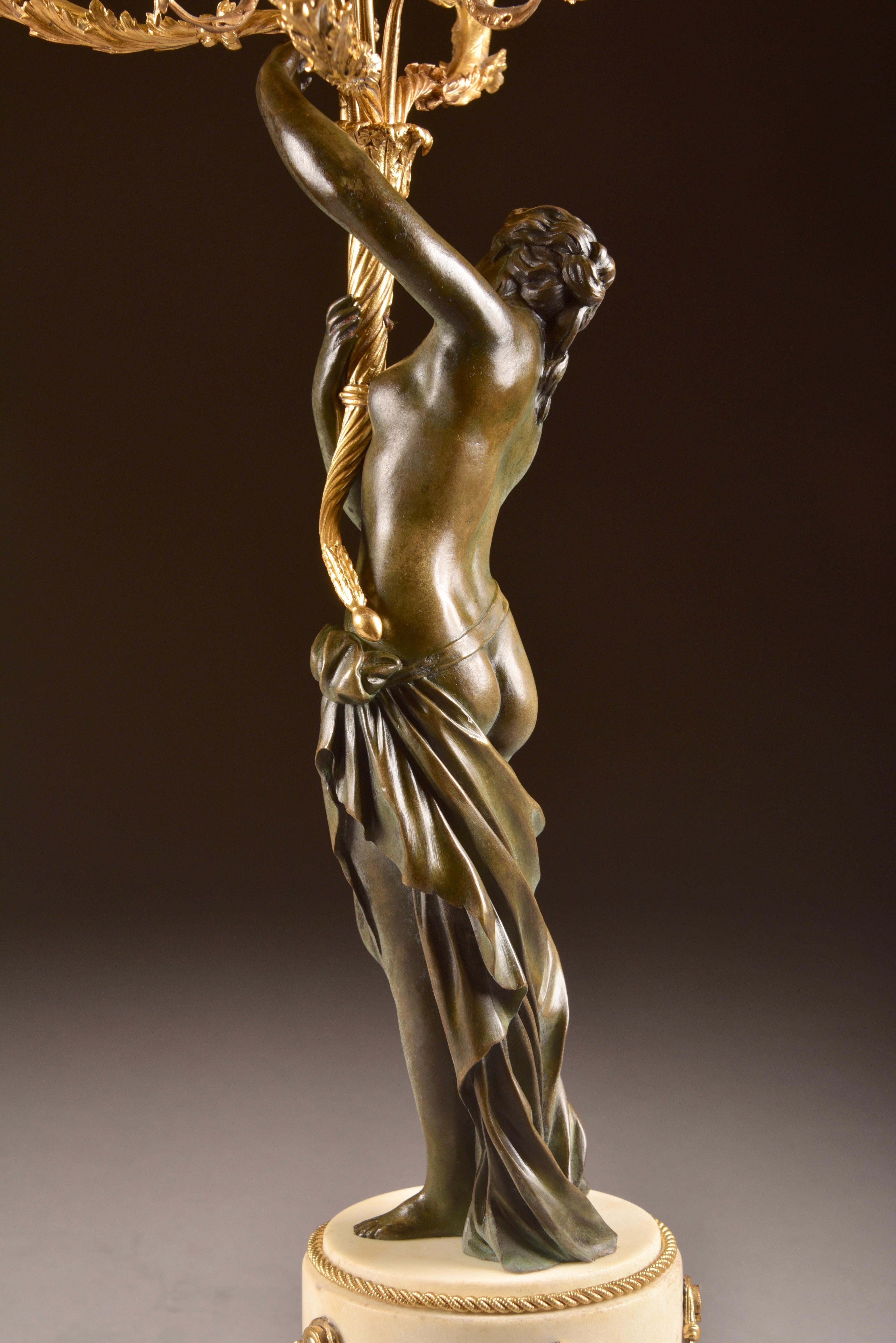 Pair of Louis XVI, Nude Female Patinated Bronze, Three-Light Candelabra 5