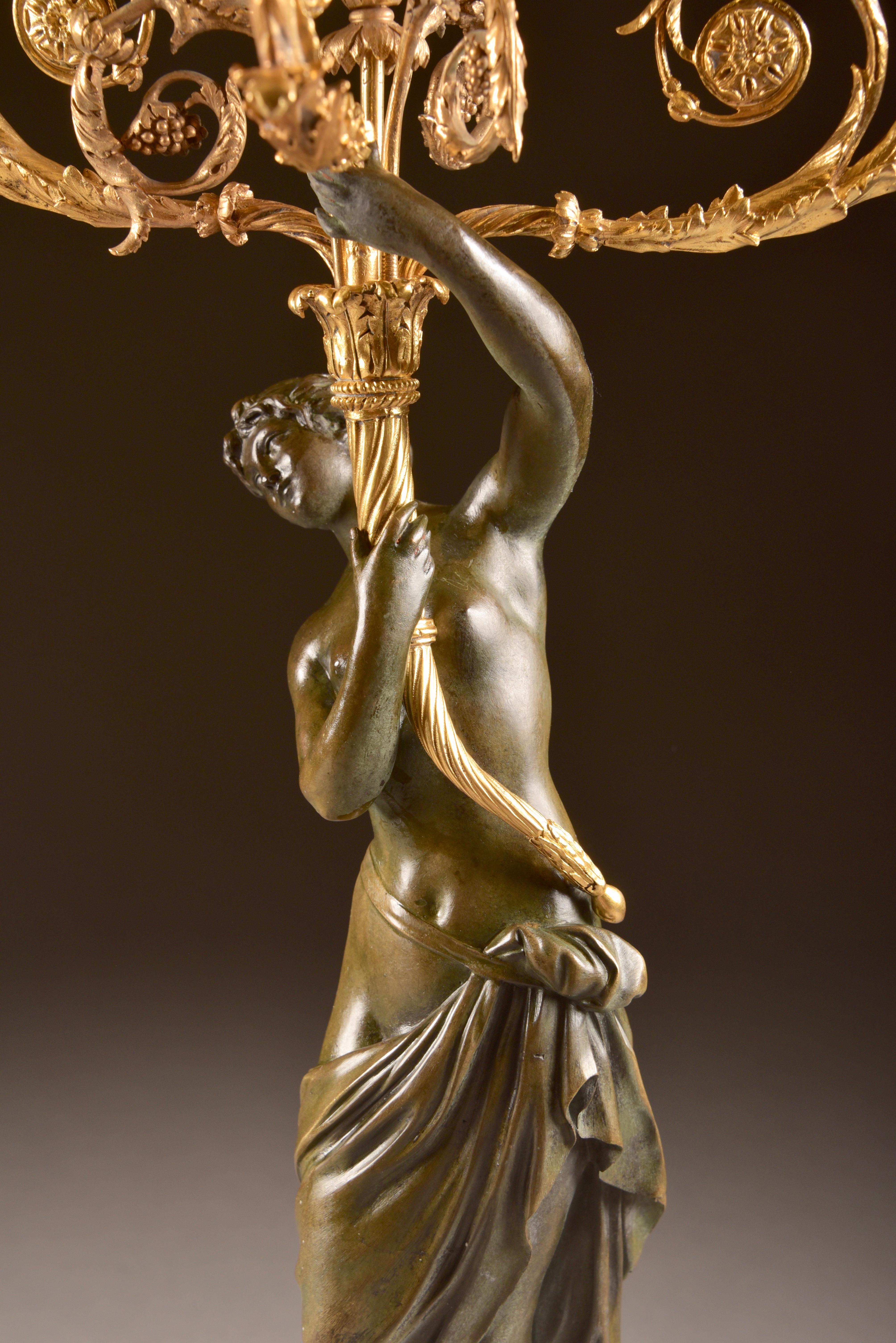 Pair of Louis XVI, Nude Female Patinated Bronze, Three-Light Candelabra 6
