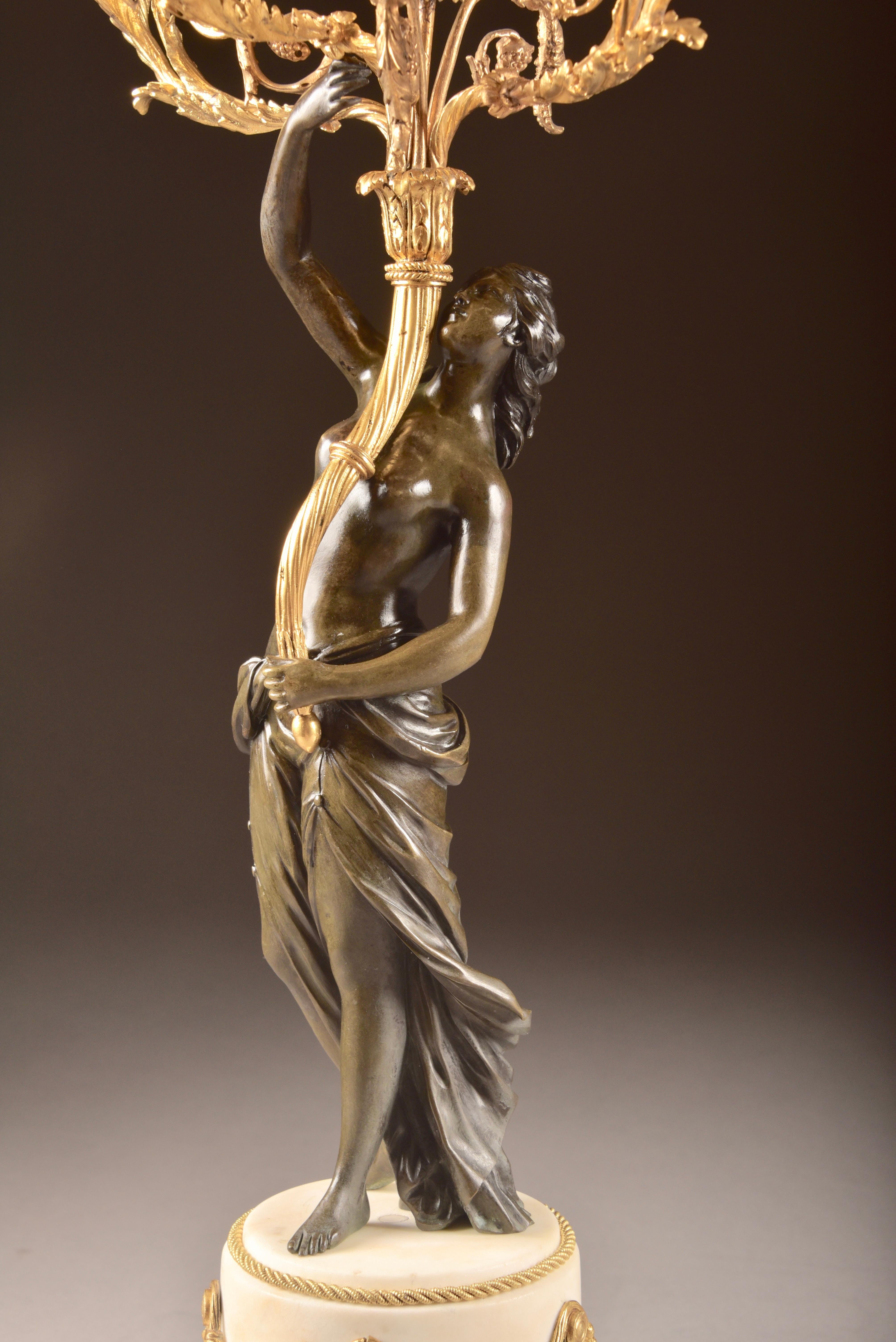 Pair of Louis XVI, Nude Female Patinated Bronze, Three-Light Candelabra 7