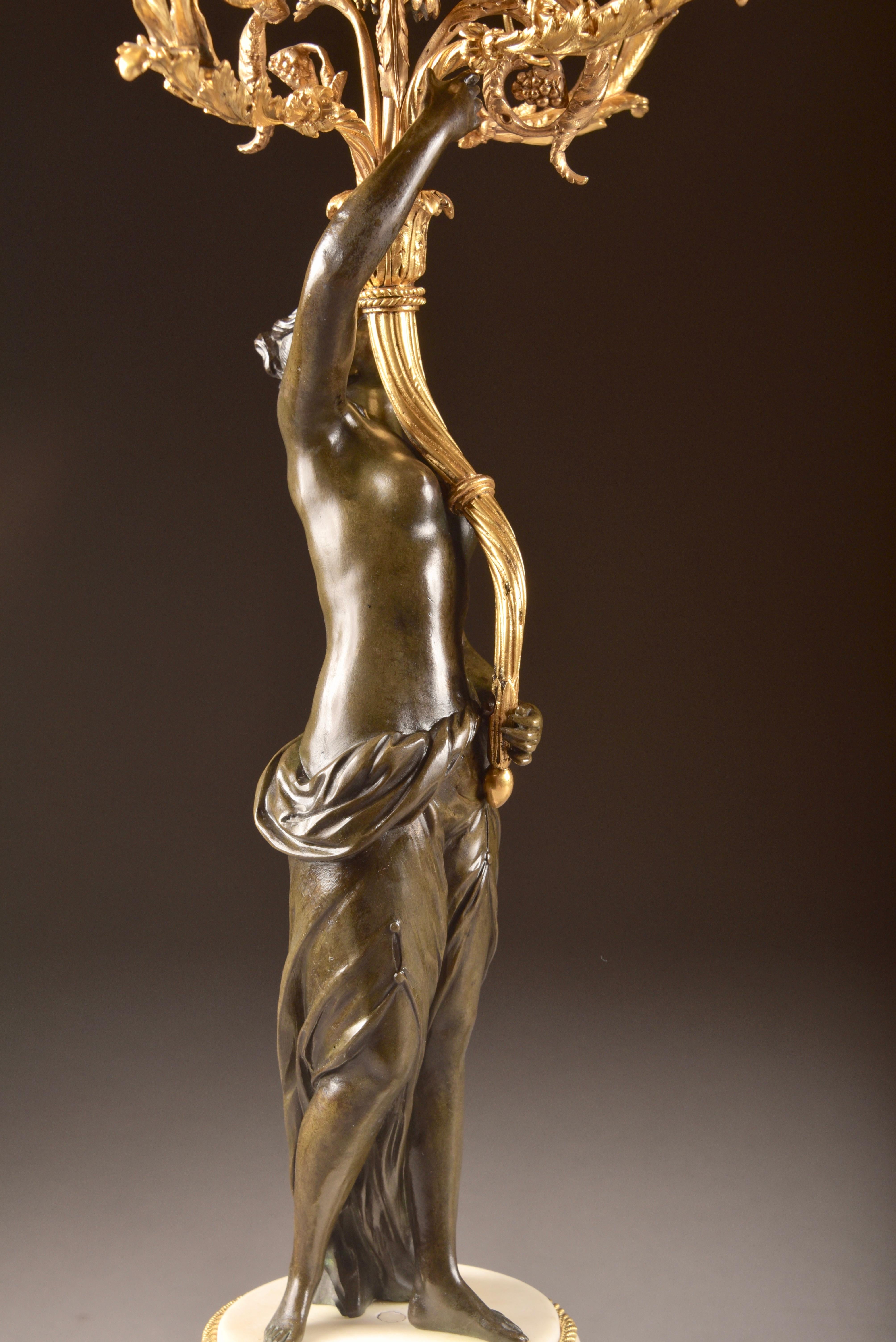 Pair of Louis XVI, Nude Female Patinated Bronze, Three-Light Candelabra 8