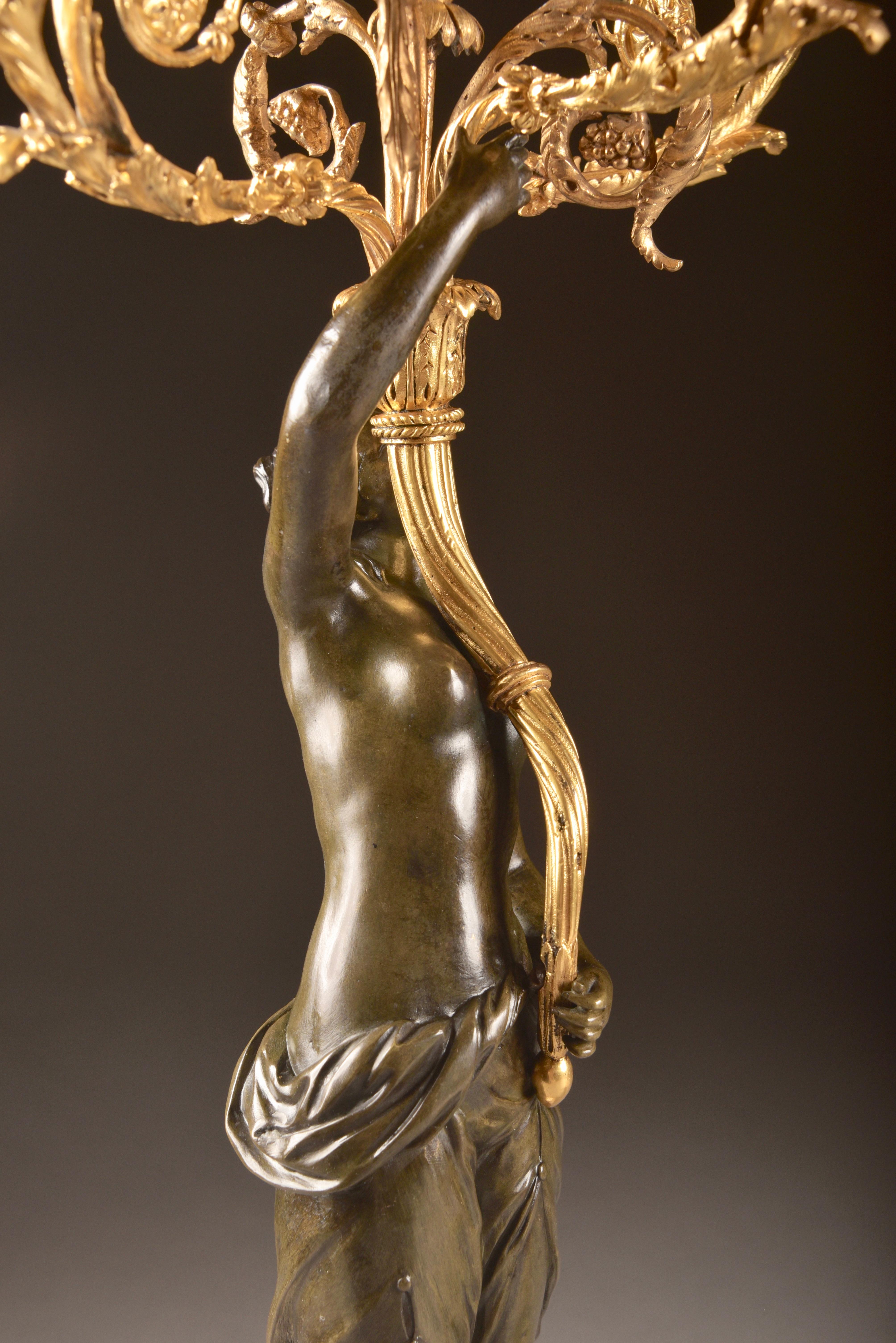 Pair of Louis XVI, Nude Female Patinated Bronze, Three-Light Candelabra 9