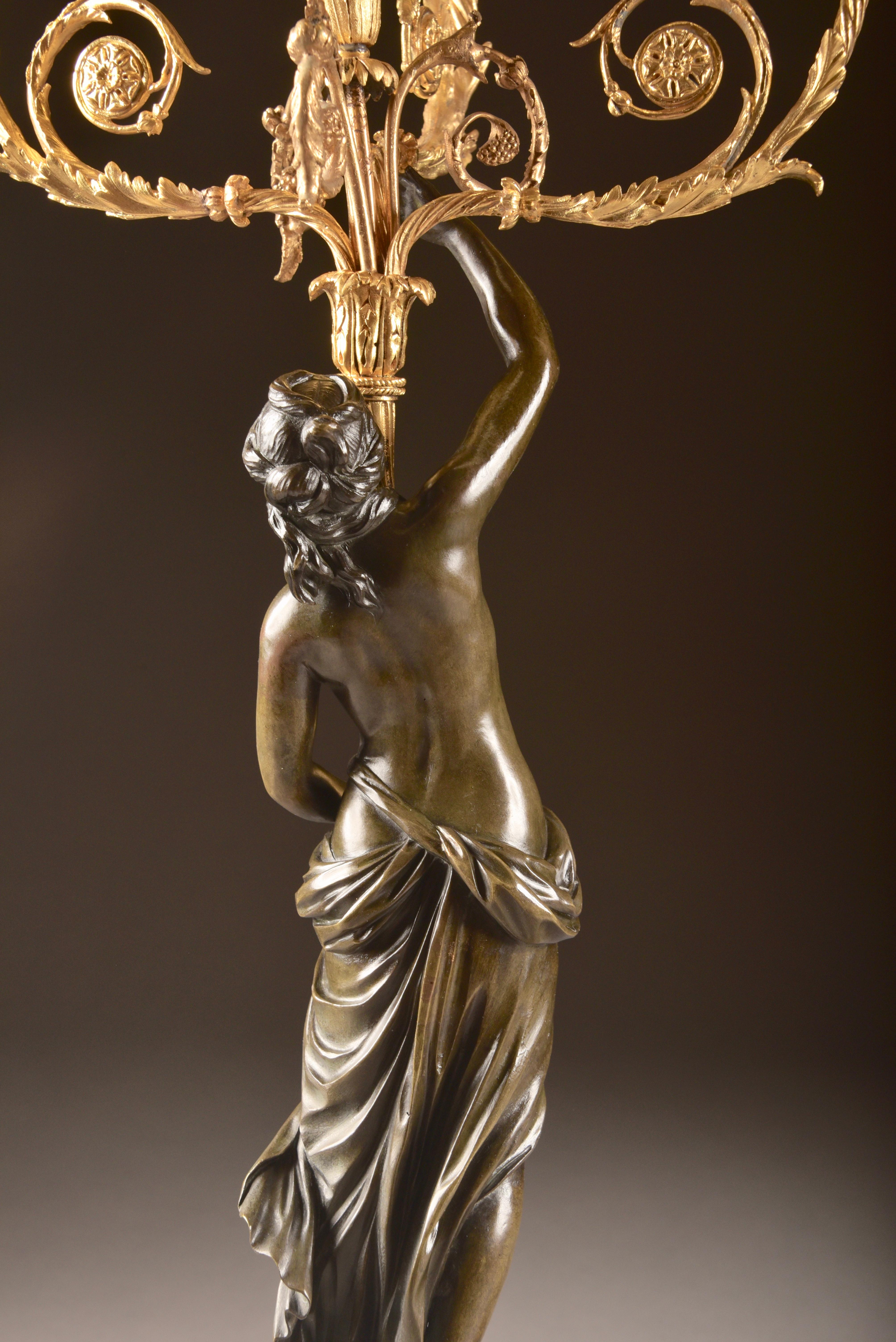 Pair of Louis XVI, Nude Female Patinated Bronze, Three-Light Candelabra 10