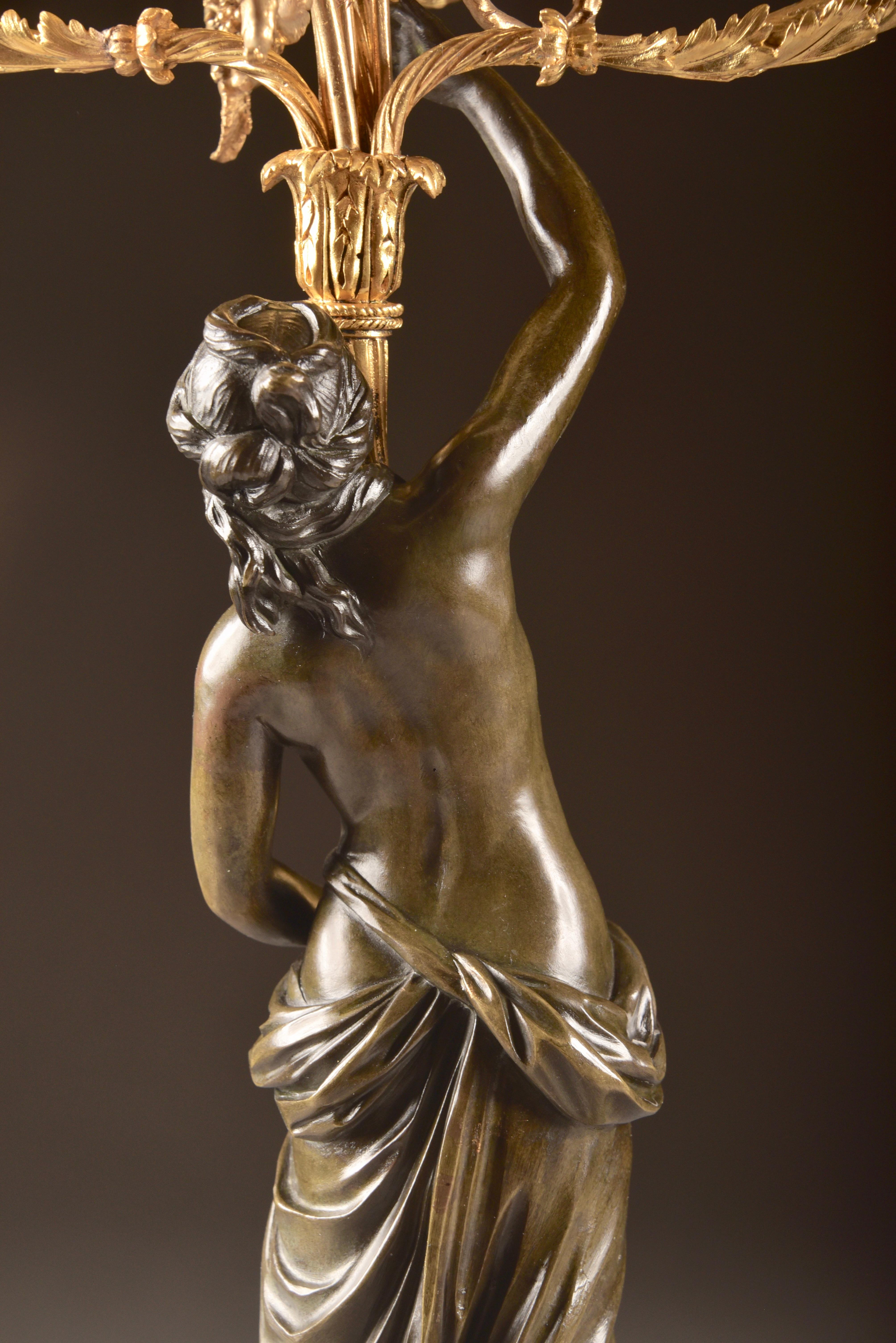 Pair of Louis XVI, Nude Female Patinated Bronze, Three-Light Candelabra 11