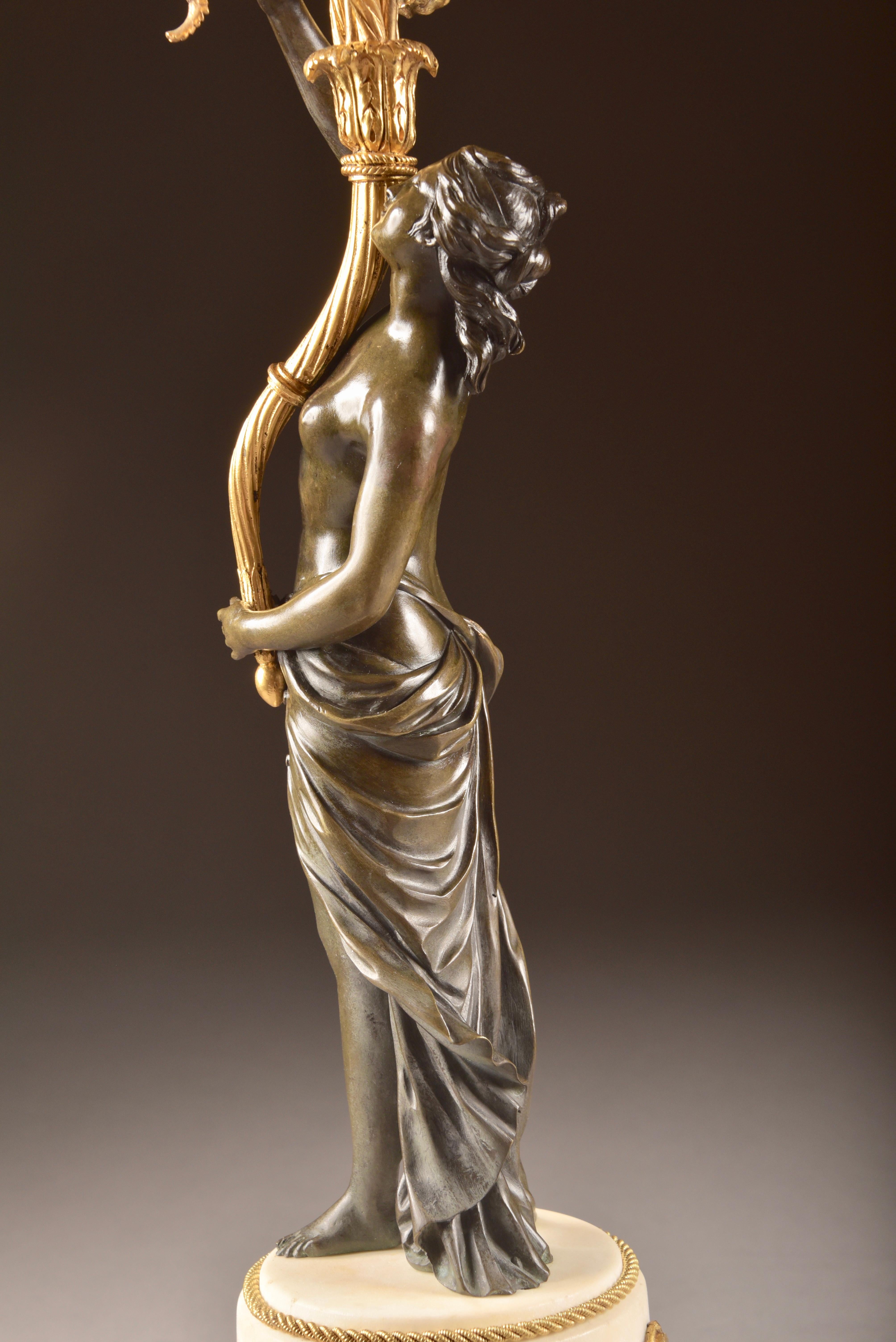 Pair of Louis XVI, Nude Female Patinated Bronze, Three-Light Candelabra 12