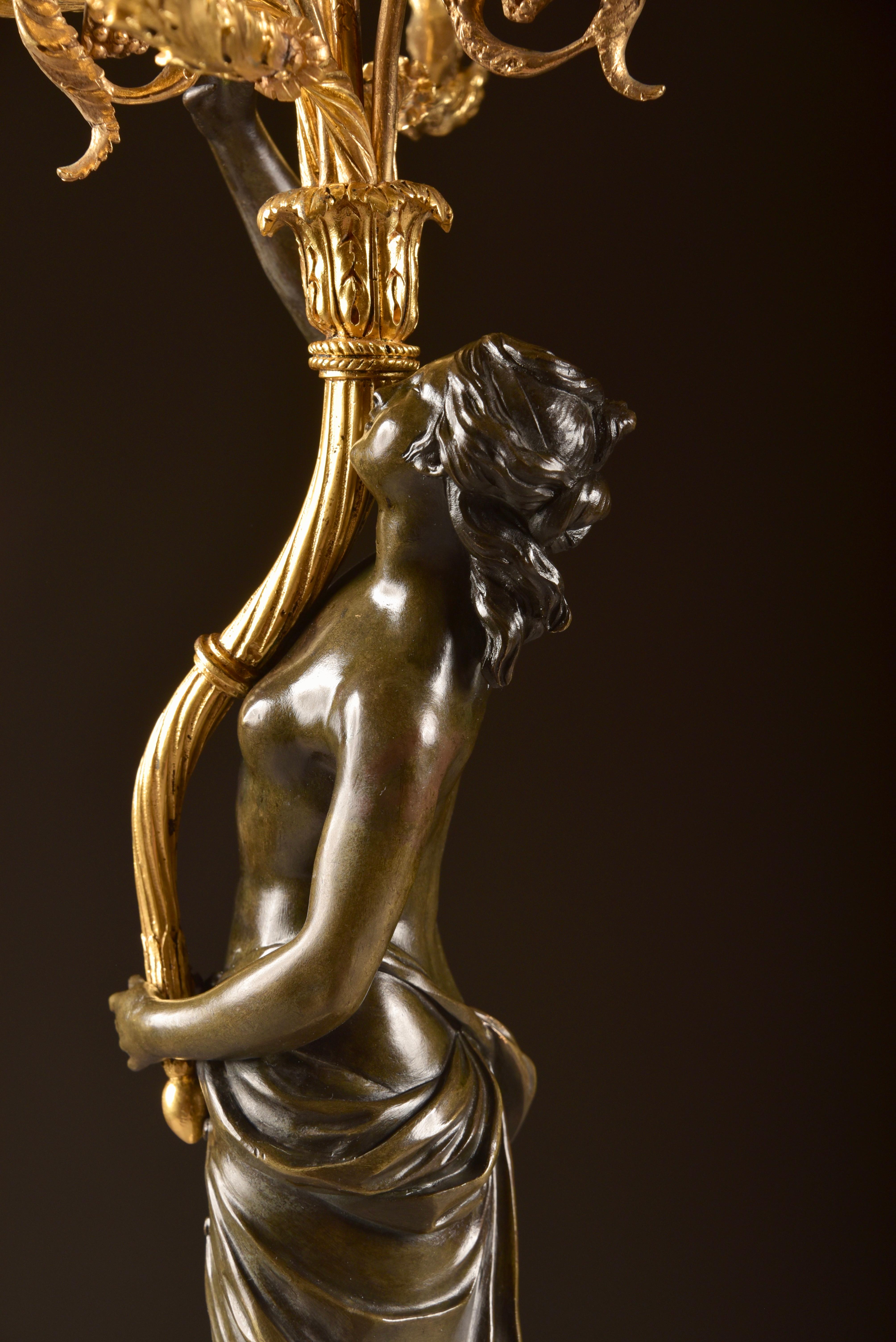 Pair of Louis XVI, Nude Female Patinated Bronze, Three-Light Candelabra 13