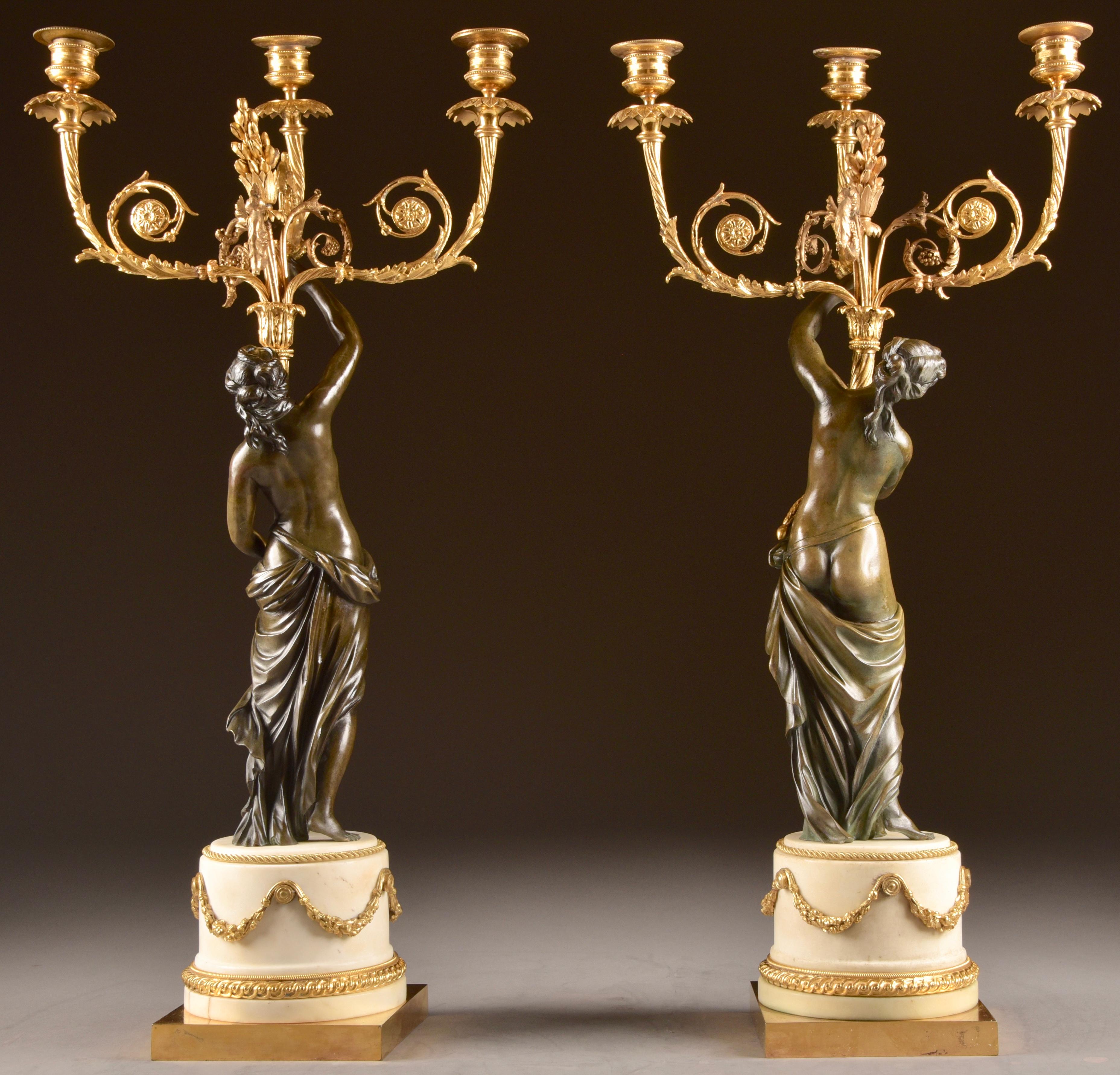 French Pair of Louis XVI, Nude Female Patinated Bronze, Three-Light Candelabra