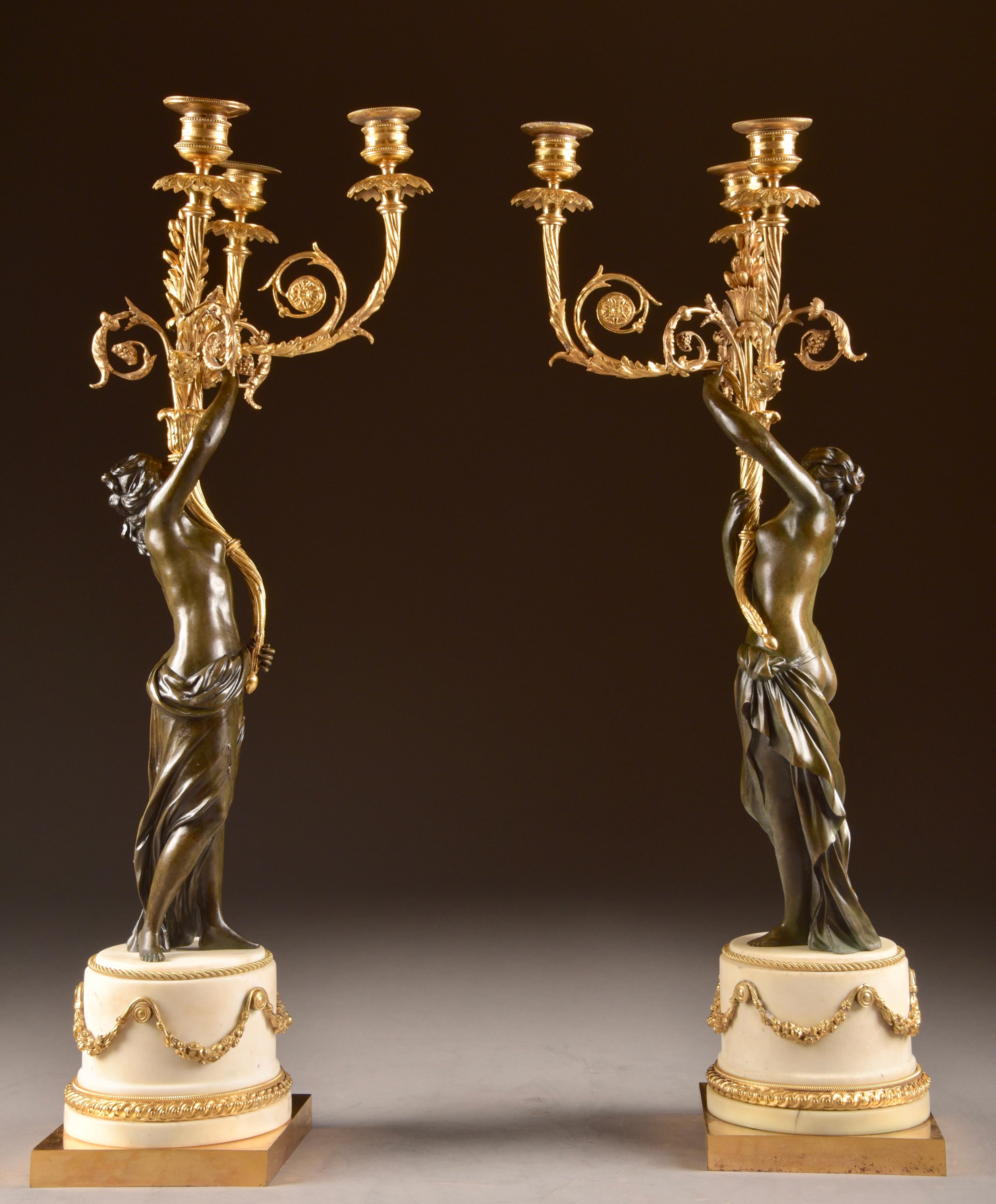 Hand-Crafted Pair of Louis XVI, Nude Female Patinated Bronze, Three-Light Candelabra