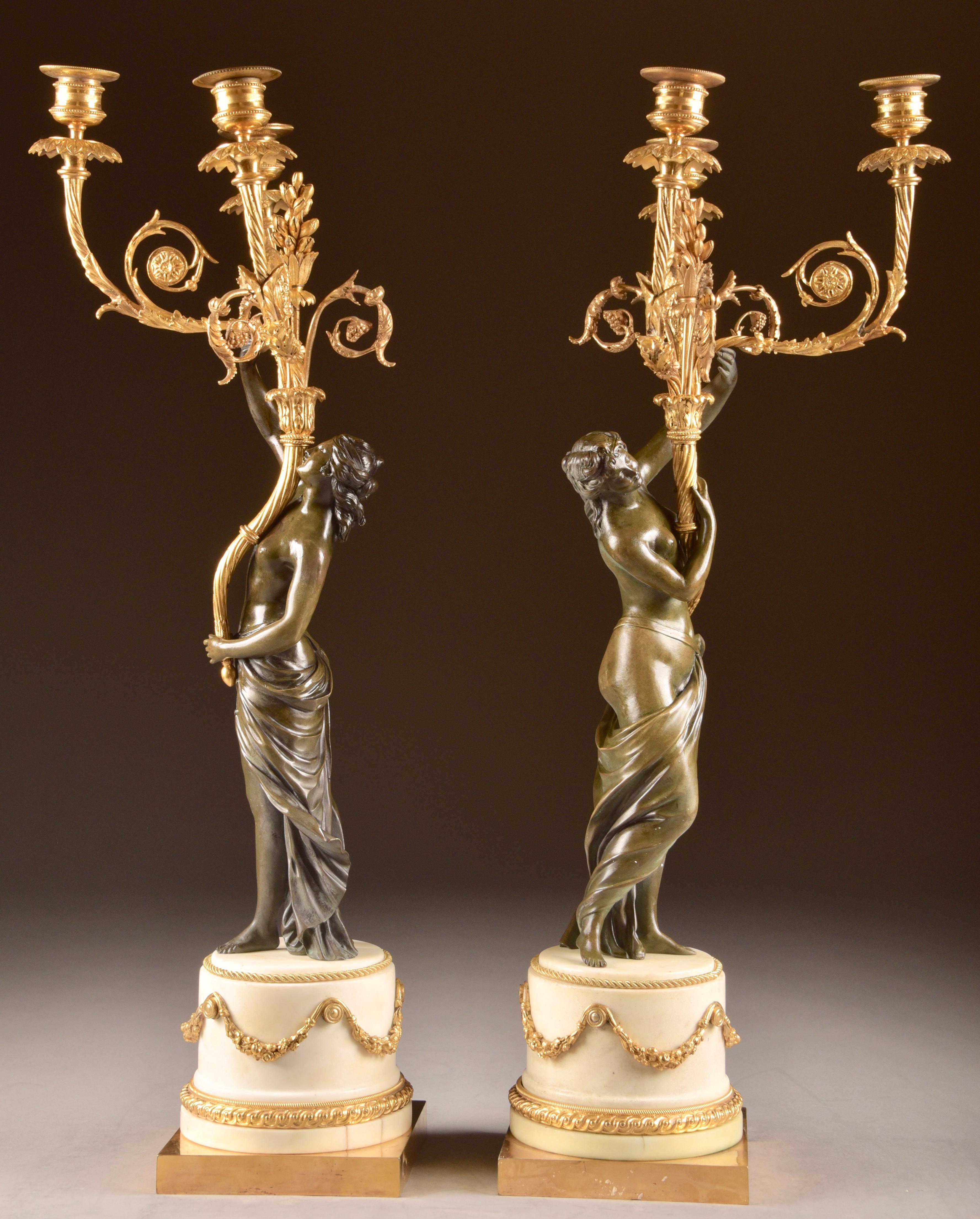 Pair of Louis XVI, Nude Female Patinated Bronze, Three-Light Candelabra In Good Condition In Heukelum, NL