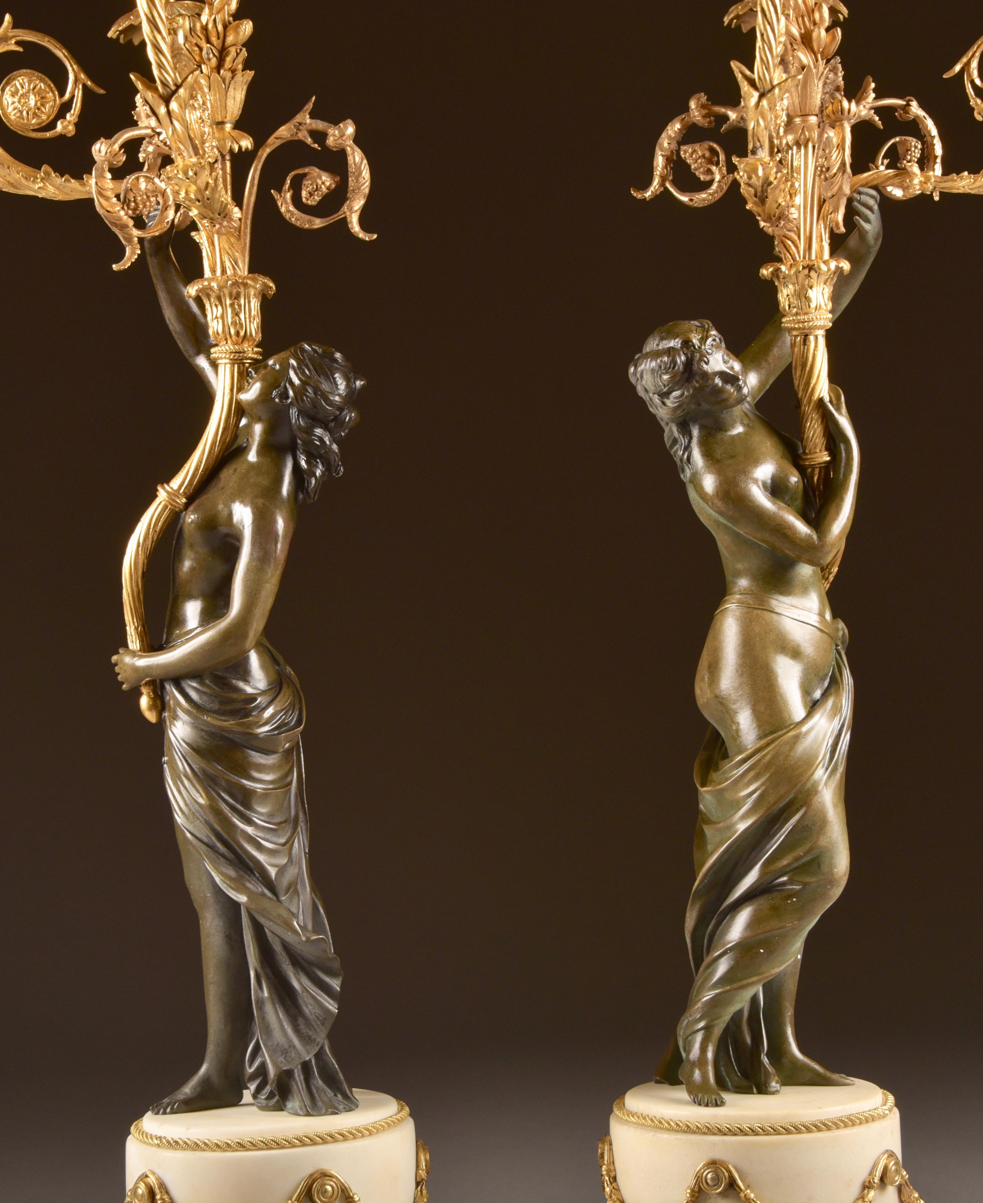 18th Century Pair of Louis XVI, Nude Female Patinated Bronze, Three-Light Candelabra