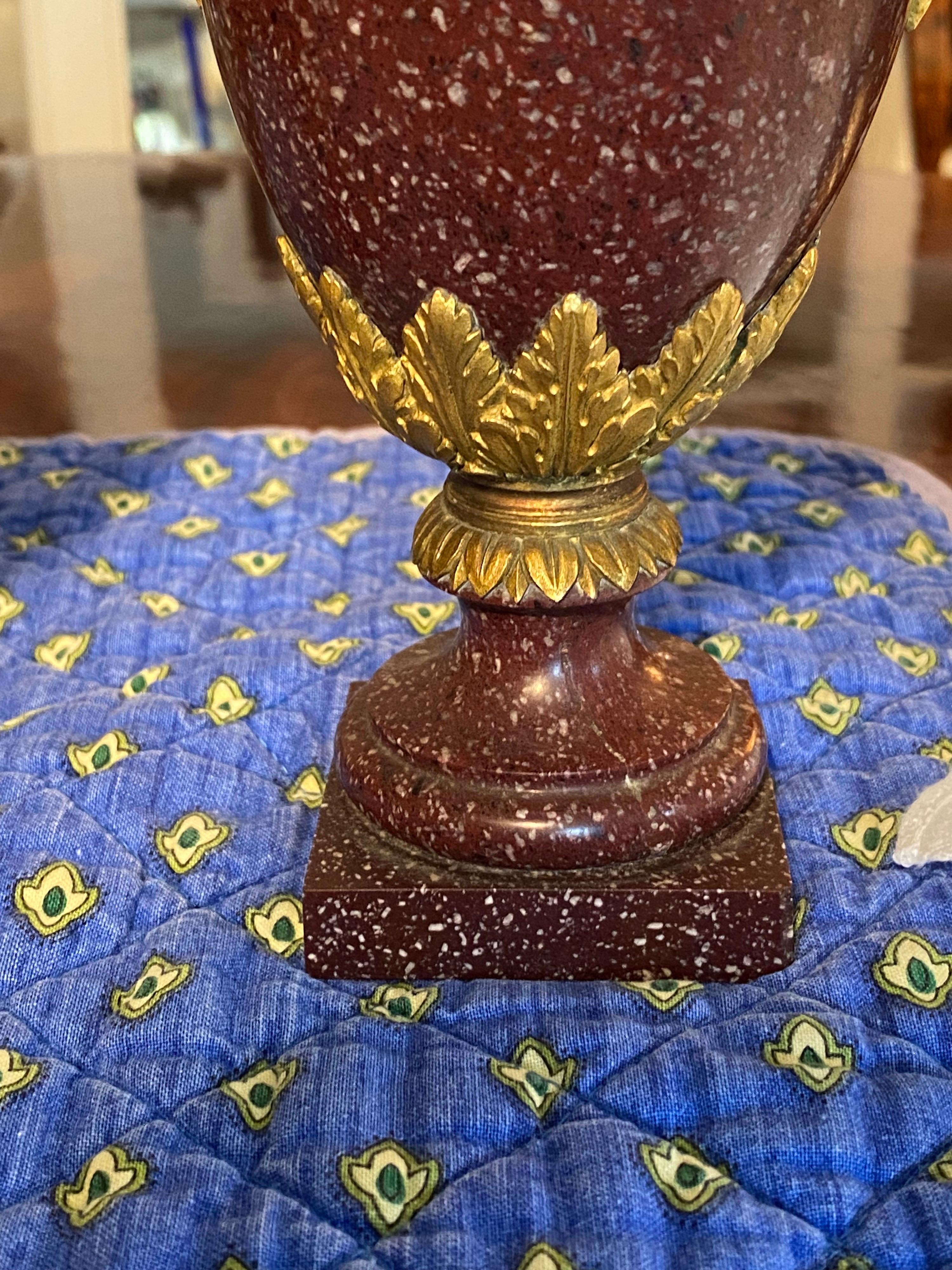 A Pair of Louis XVI Style Ormolu Mounted Porphyry Vases, 19th Century For Sale 4