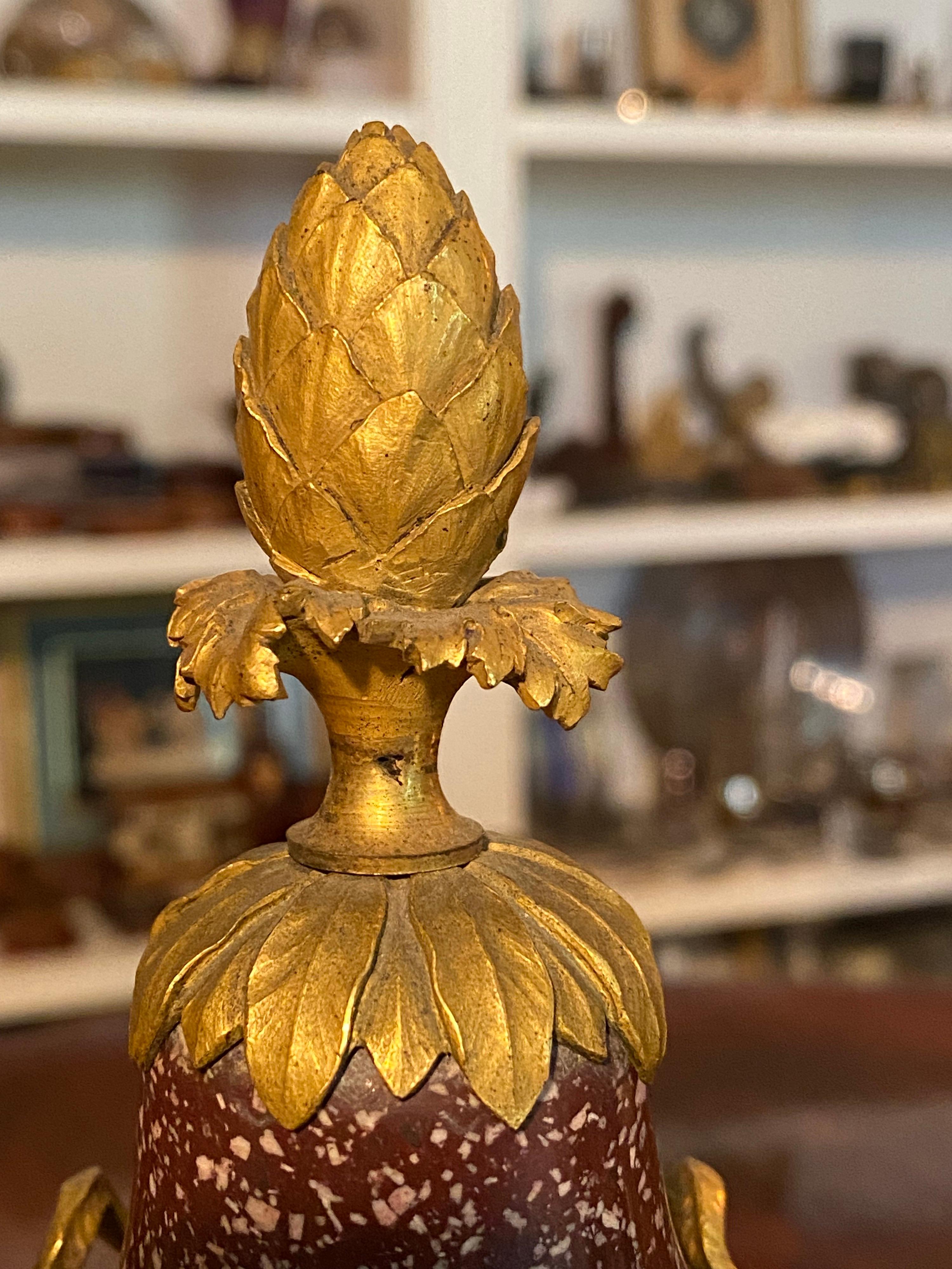 A Pair of Louis XVI Style Ormolu Mounted Porphyry Vases, 19th Century For Sale 1