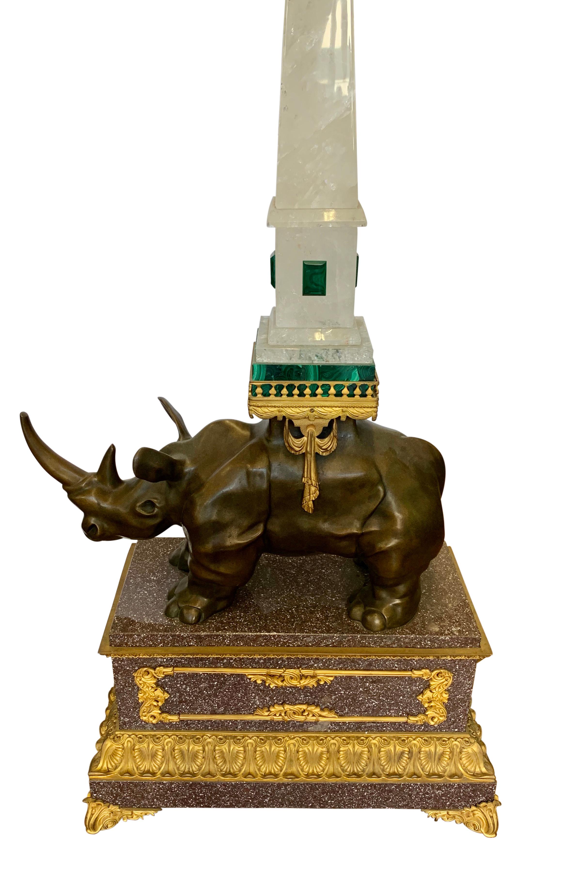 A Pair of Louis XVI Style Bronze Rhinoceros Figures with Rock Crystal Obelisks For Sale 6