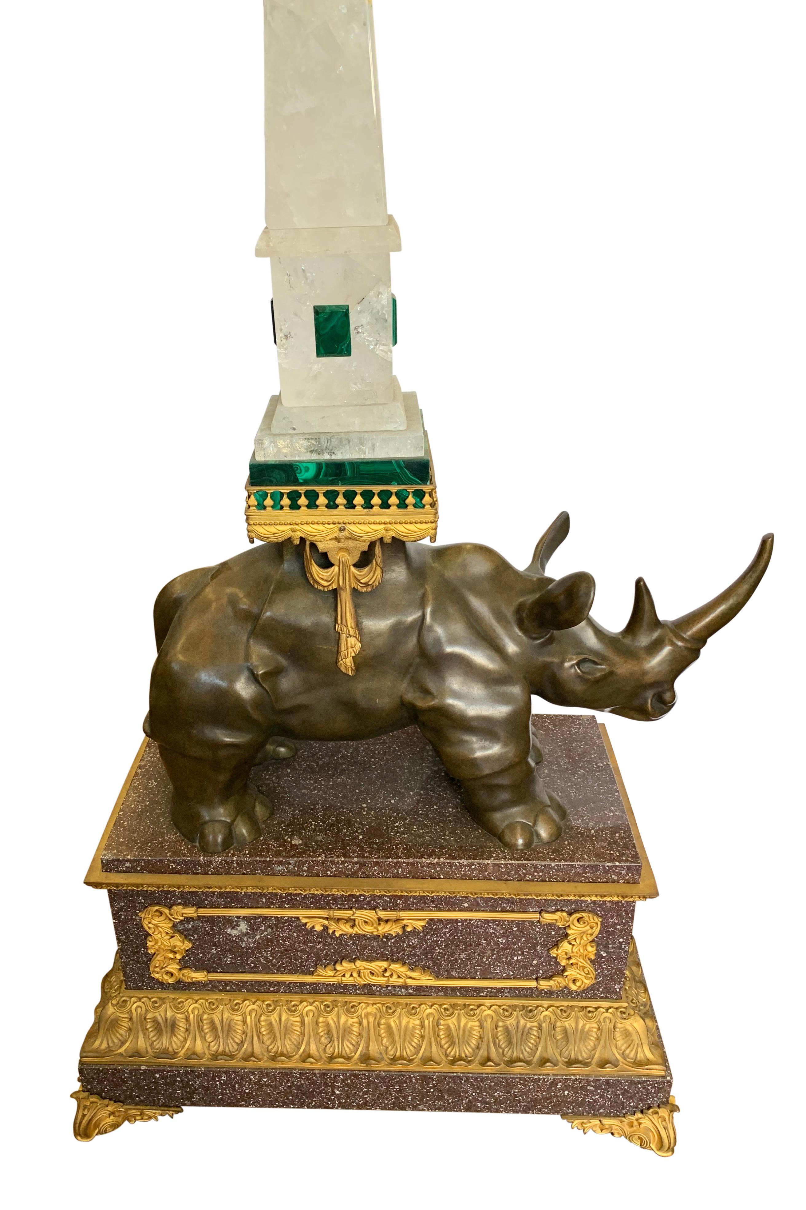 A Pair of Louis XVI Style Bronze Rhinoceros Figures with Rock Crystal Obelisks For Sale 7