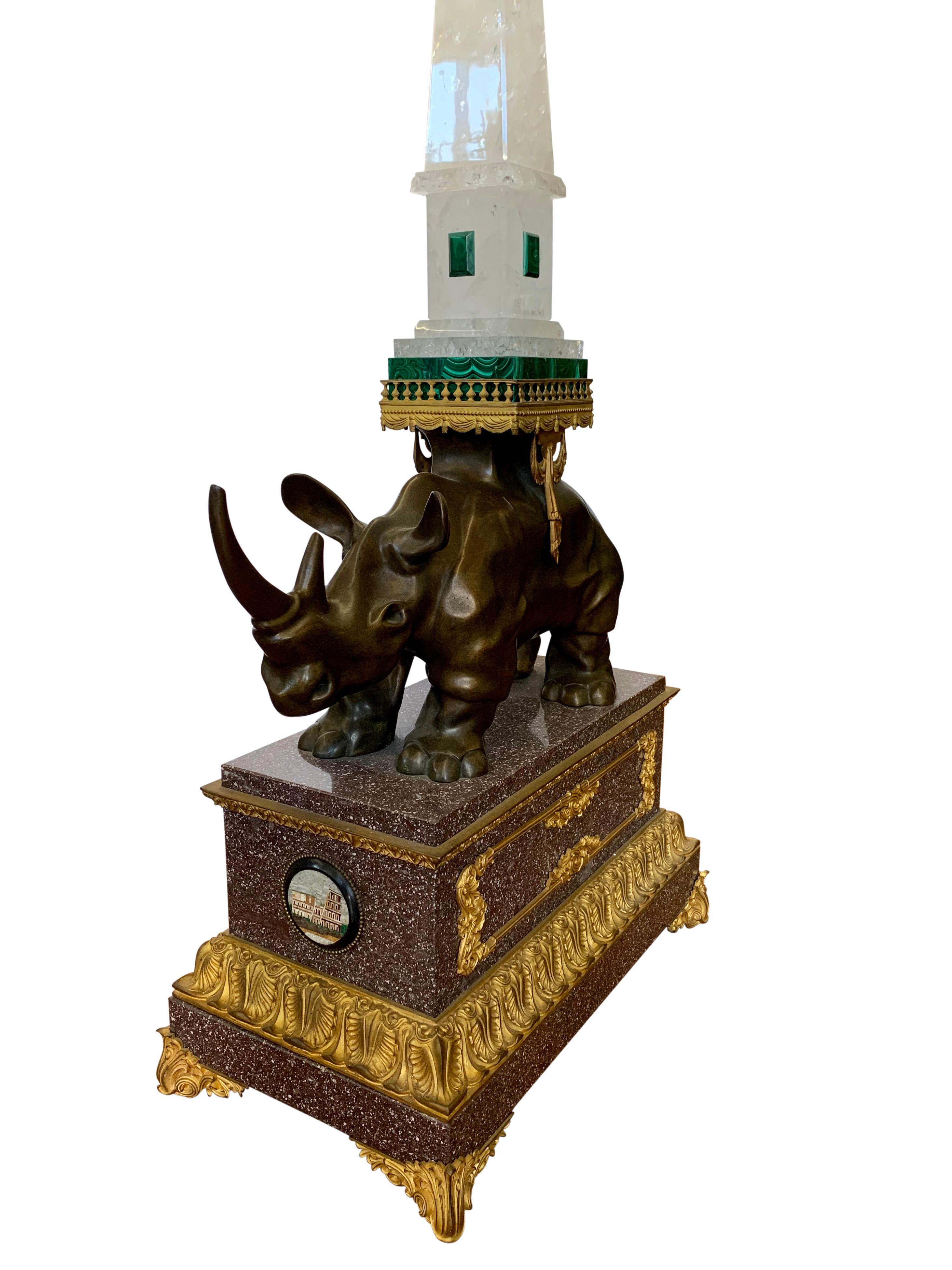 A Pair of Louis XVI Style Bronze Rhinoceros Figures with Rock Crystal Obelisks For Sale 9