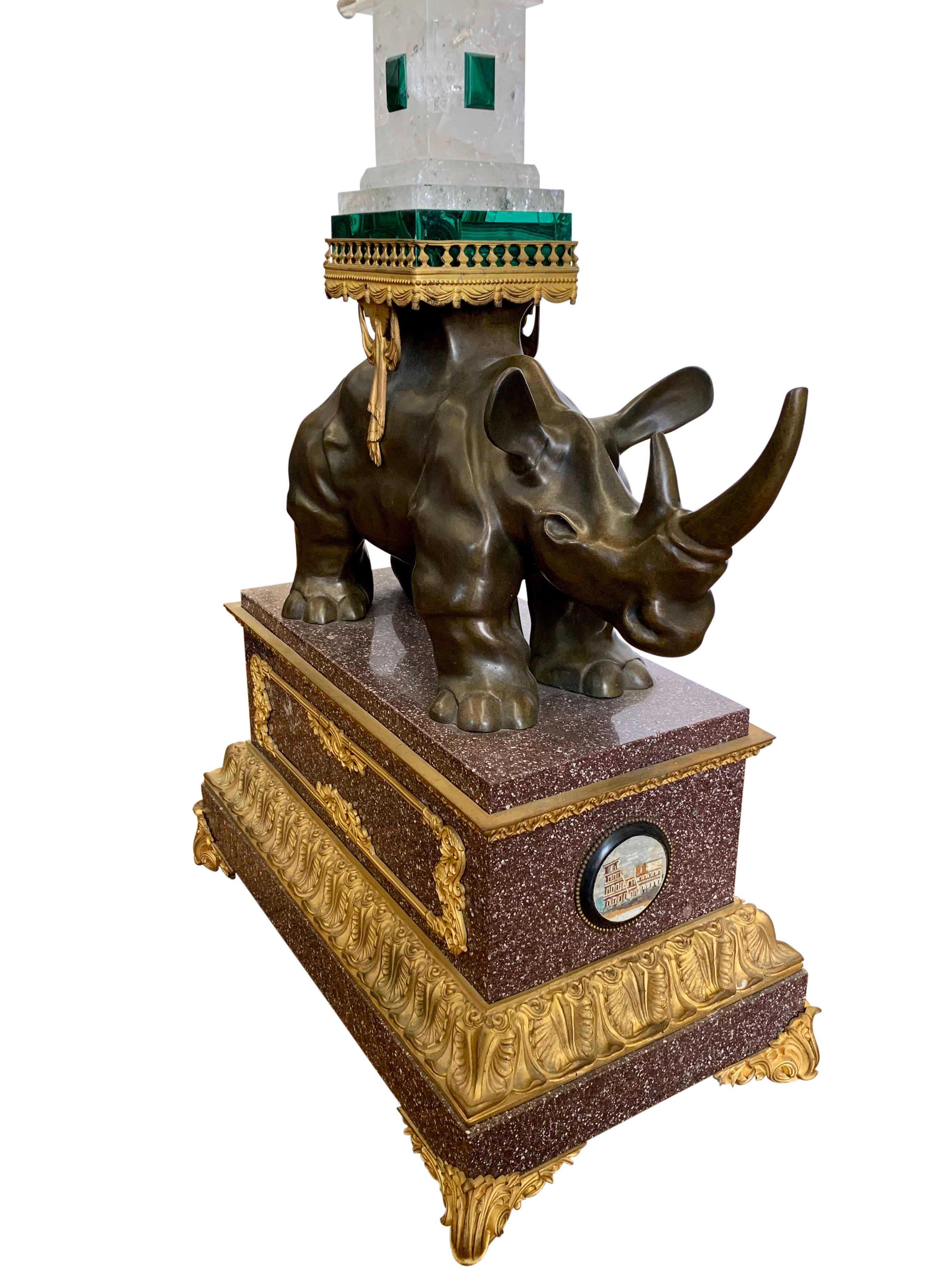 A Pair of Louis XVI Style Bronze Rhinoceros Figures with Rock Crystal Obelisks For Sale 10