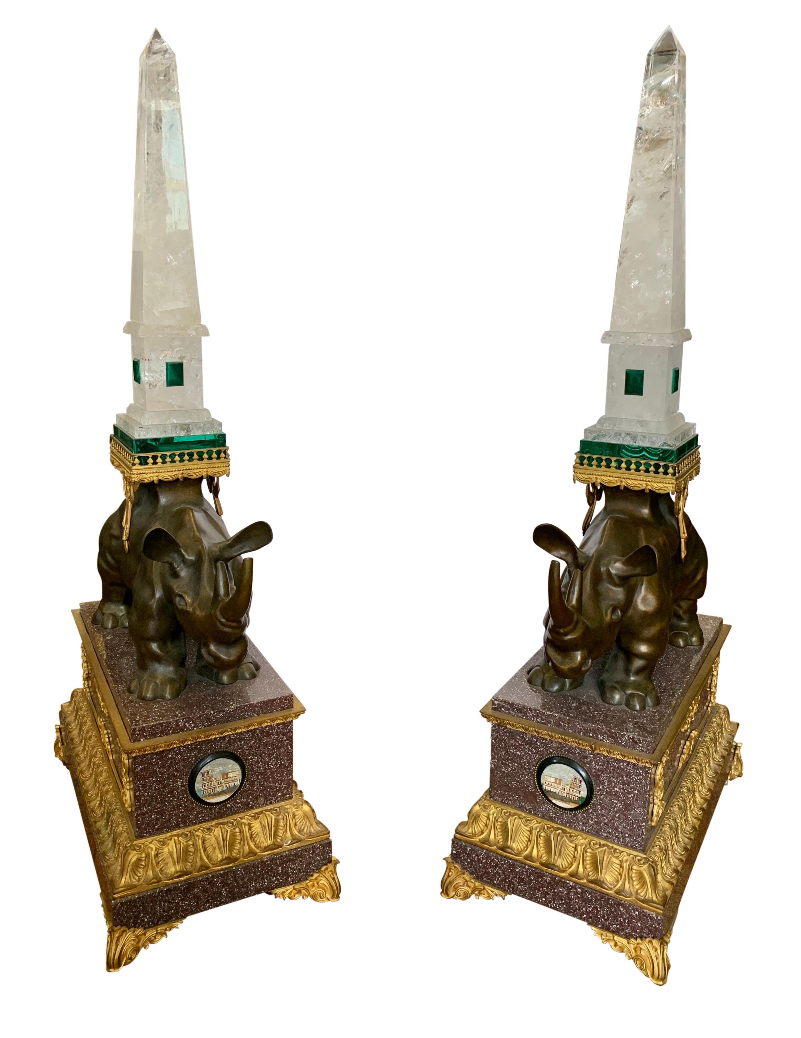 French A Pair of Louis XVI Style Bronze Rhinoceros Figures with Rock Crystal Obelisks For Sale