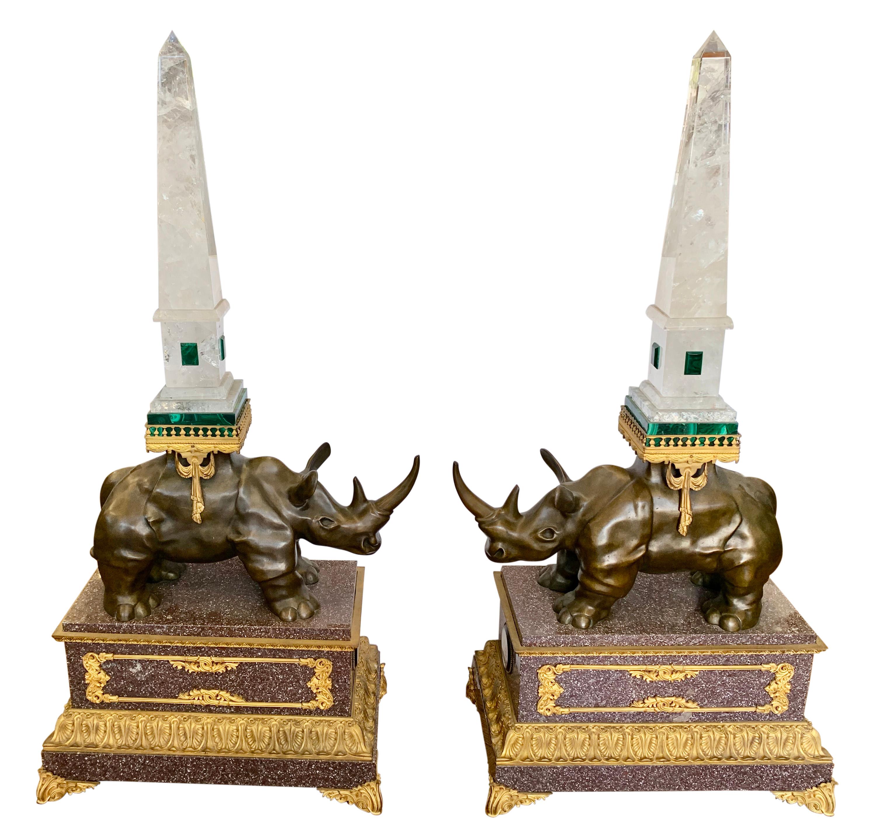 A Pair of Louis XVI Style Bronze Rhinoceros Figures with Rock Crystal Obelisks For Sale