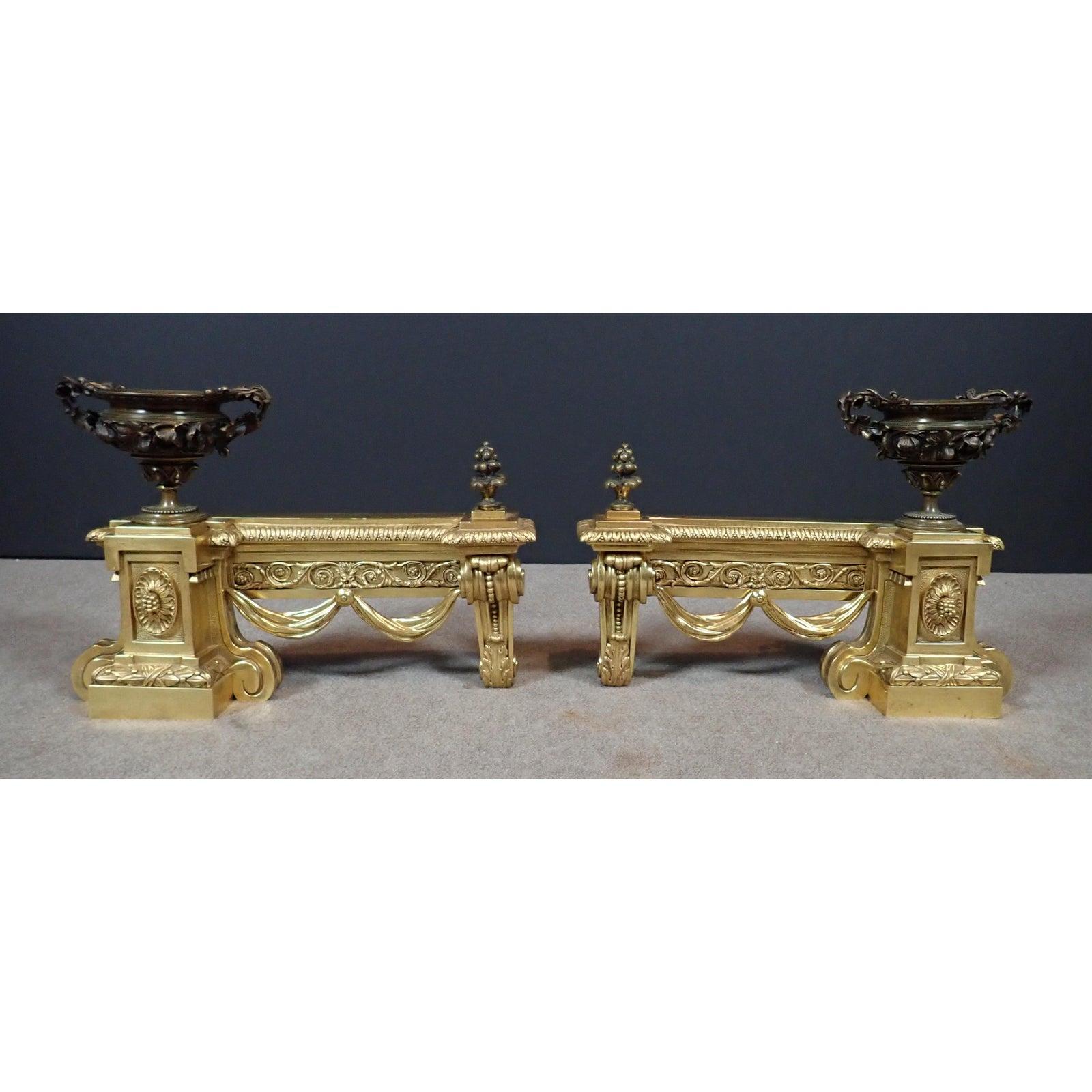 A Pair of Louis XVI Doré and Patinated Bronze Chenets  For Sale 4
