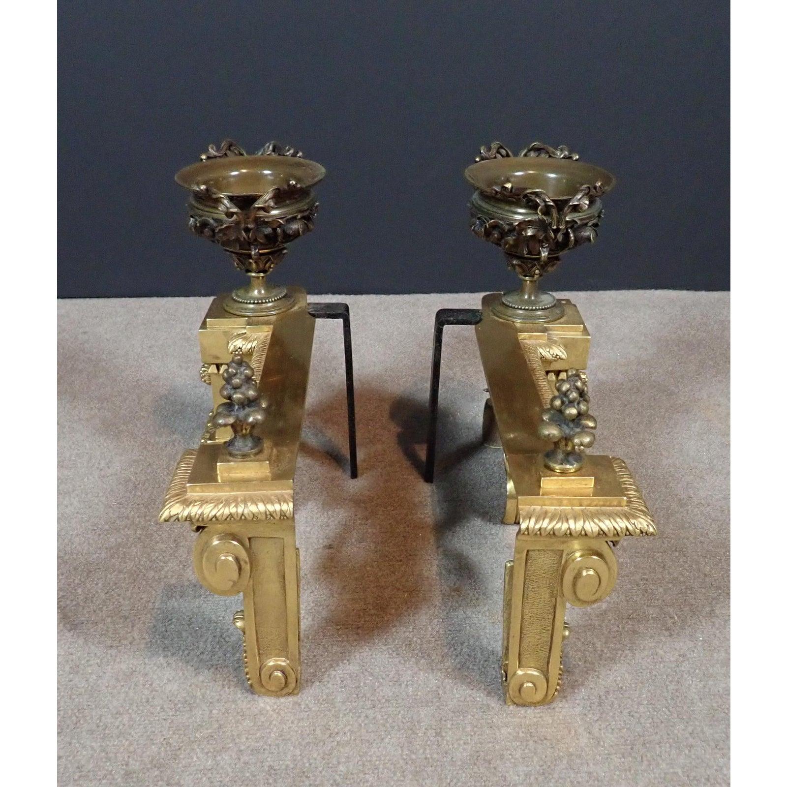 A Pair of Louis XVI Doré and Patinated Bronze Chenets  In Good Condition For Sale In Norwood, NJ