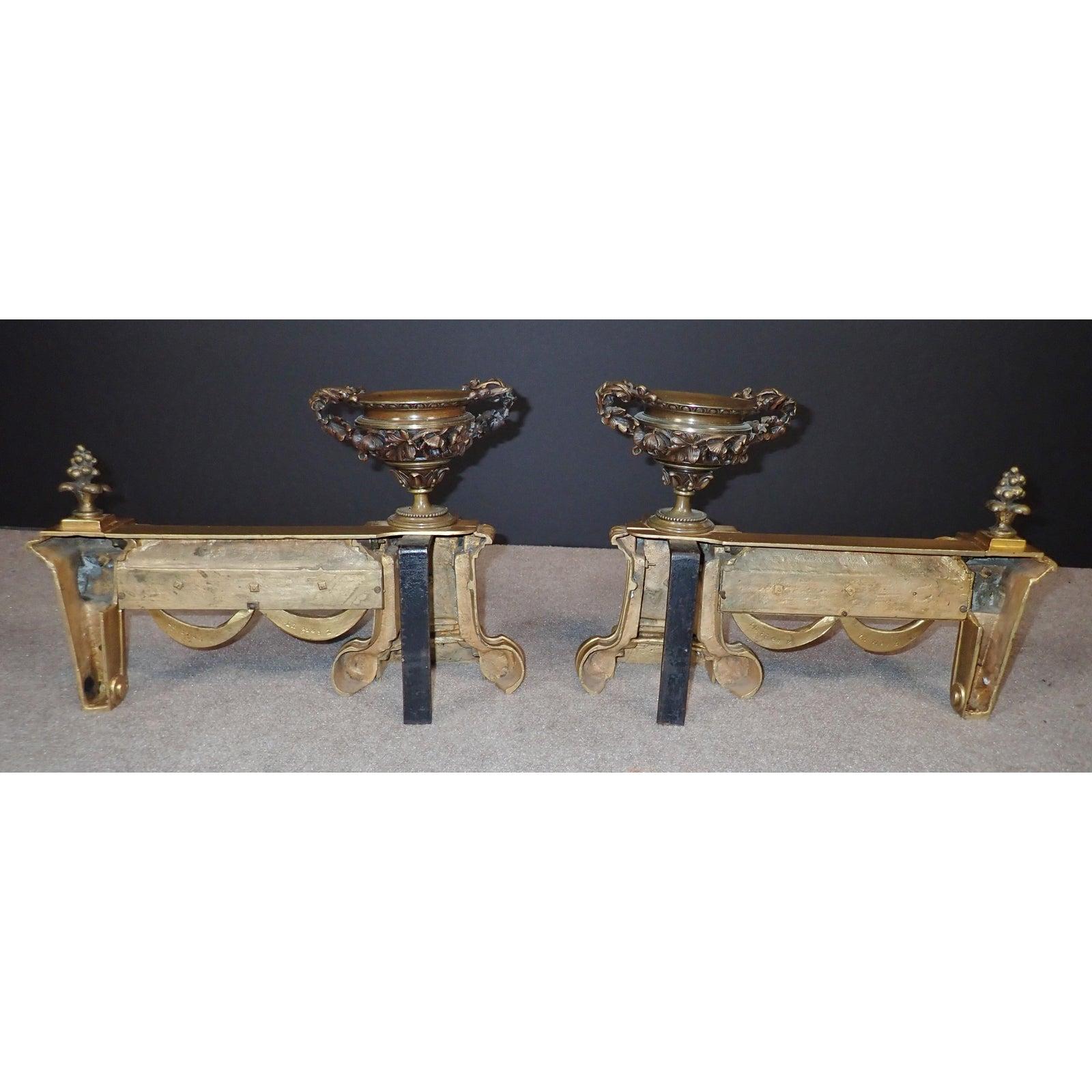 A Pair of Louis XVI Doré and Patinated Bronze Chenets  For Sale 2