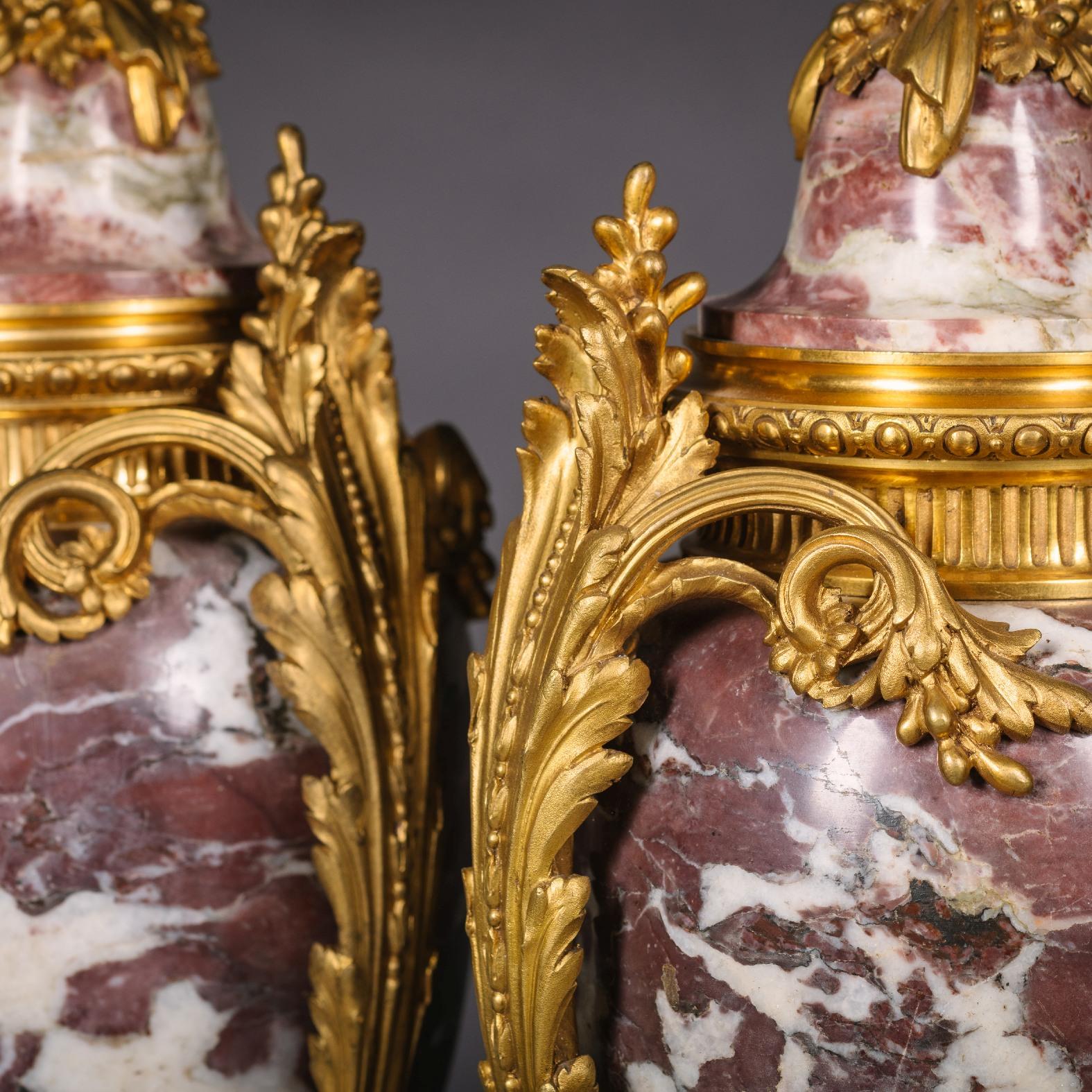 French Pair of Louis XVI Style Fleur De Pêcher Marble Vases, Mounted as Lamps For Sale
