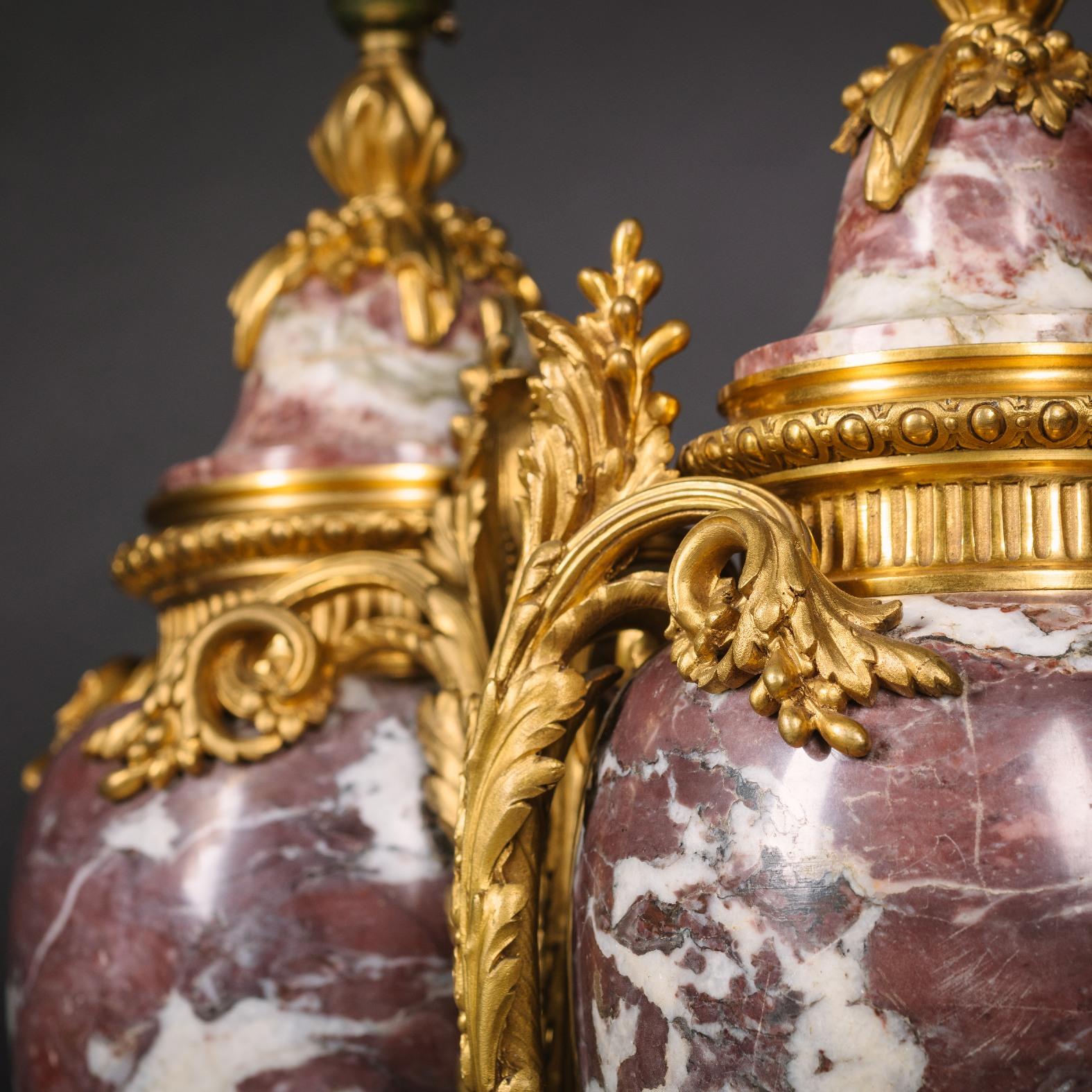 Pair of Louis XVI Style Fleur De Pêcher Marble Vases, Mounted as Lamps In Good Condition For Sale In Brighton, West Sussex